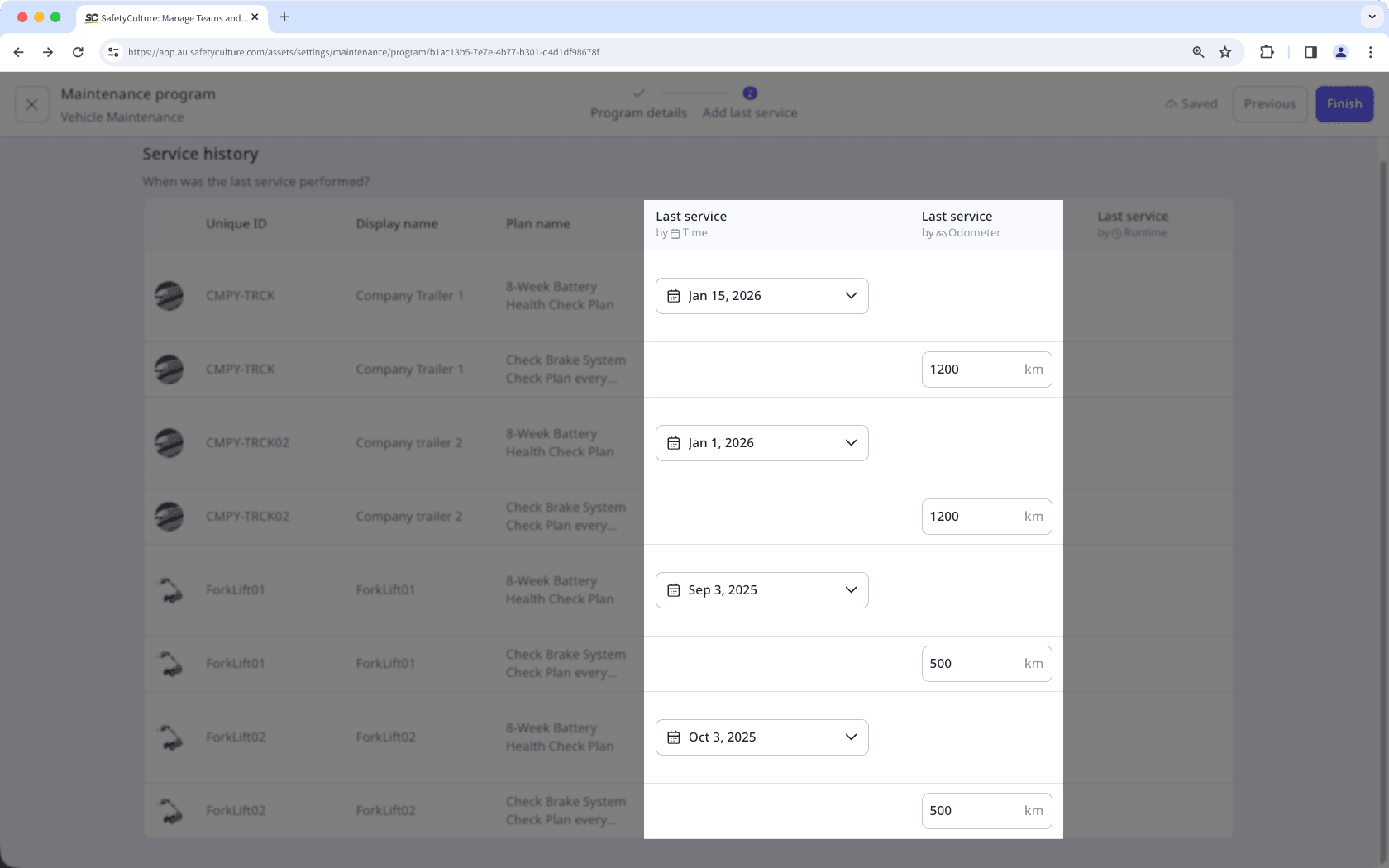 Add last service dates and last service for assets in a program via the web app
