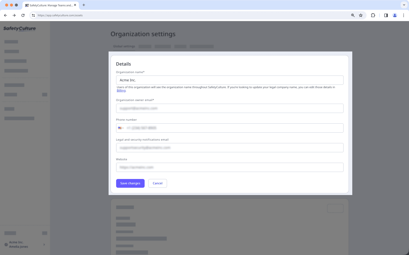 Die Seite mit den Organisationseinstellungen zeigt den Abschnitt "Details", in dem Sie die Details Ihrer Organisation bearbeiten können.