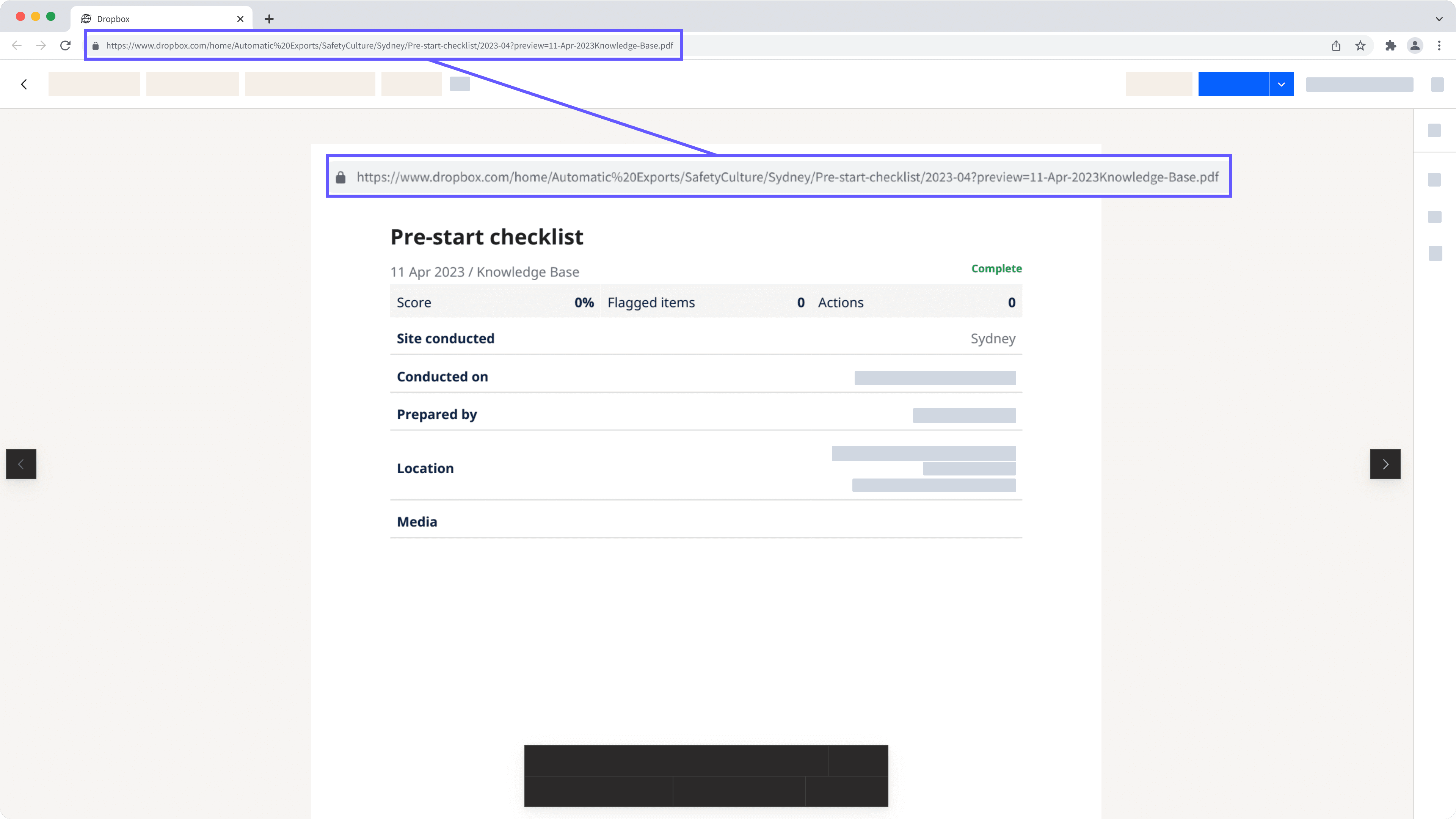 Exemple de chemin d'accès à un fichier dans Dropbox.