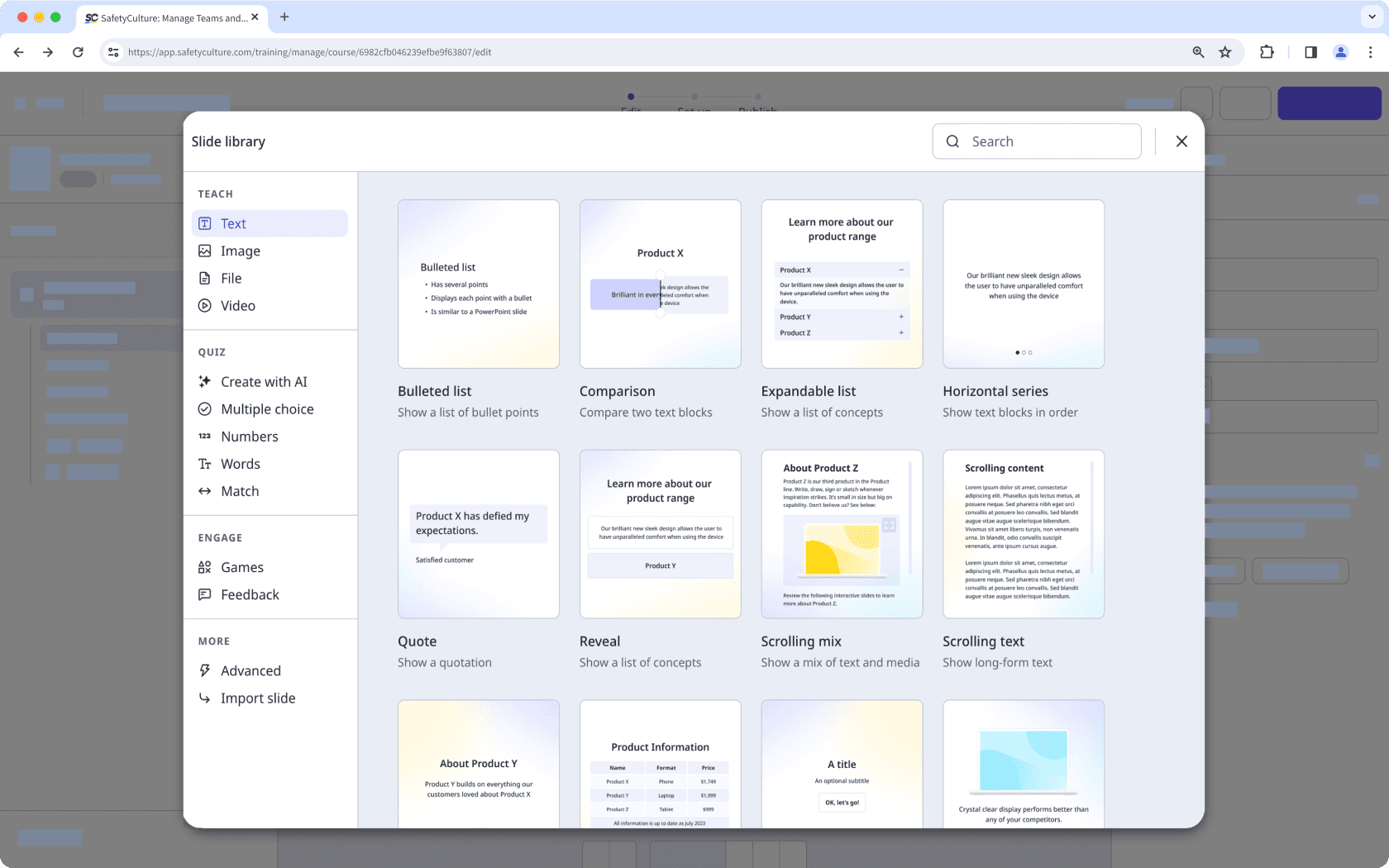 Afficher la bibliothèque de diapositives dans Formation via l'application Web.