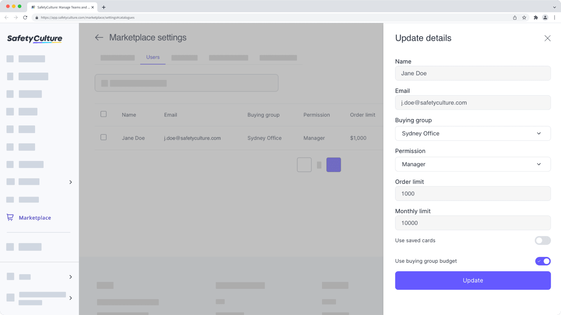 Die Angaben eines Nutzers für den SafetyCulture-Marketplace in der Web-App.