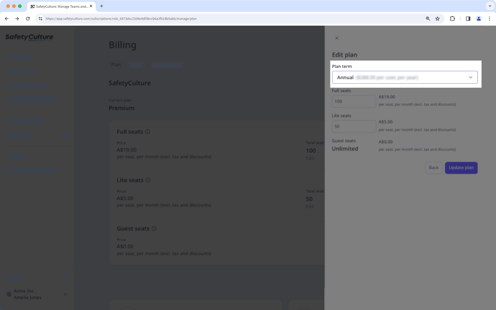 Das Dropdown-Menü „Planbegriff“ ist in der Seitenleiste „Plan bearbeiten“ sichtbar.