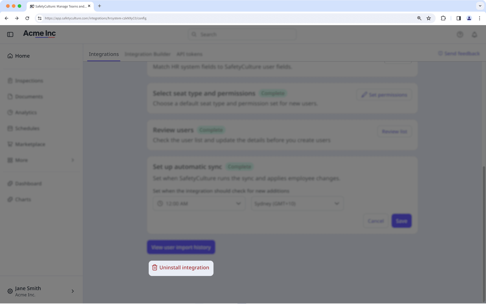 The HR integrations page shows how to uninstall the integration via the web app.