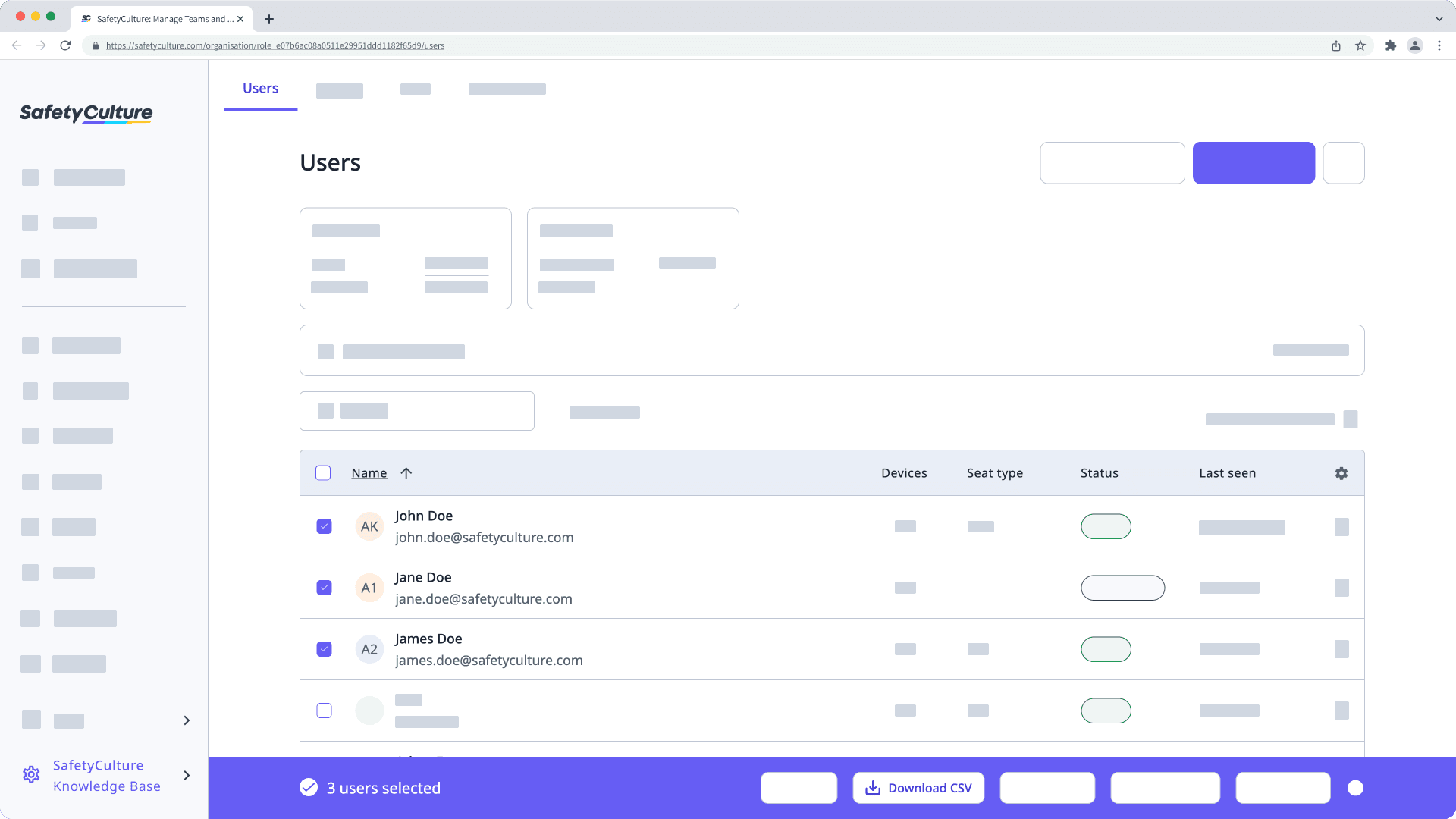 Download selected user details as a CSV file via the web app.