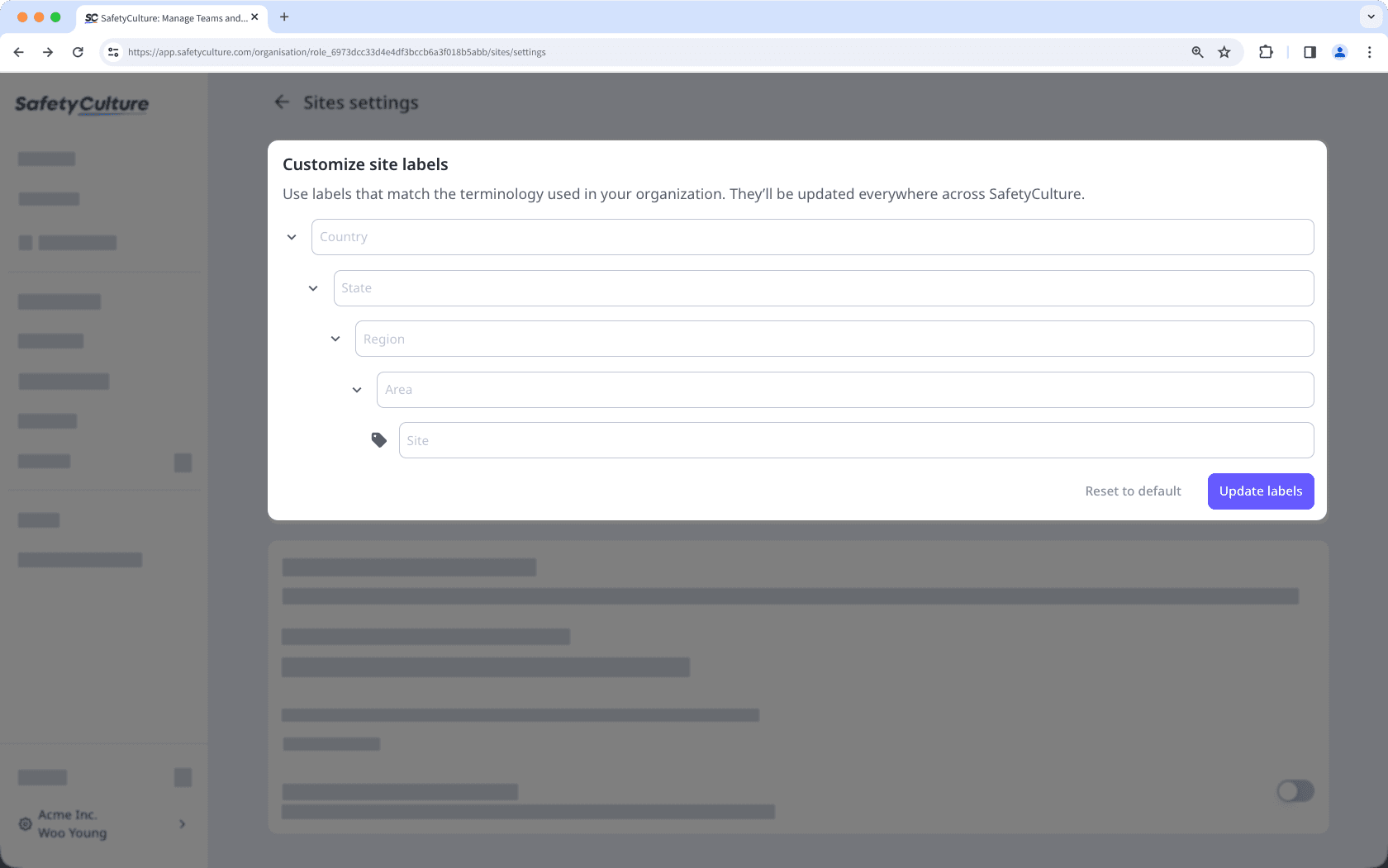 Customize your organization's site labels via the web app.