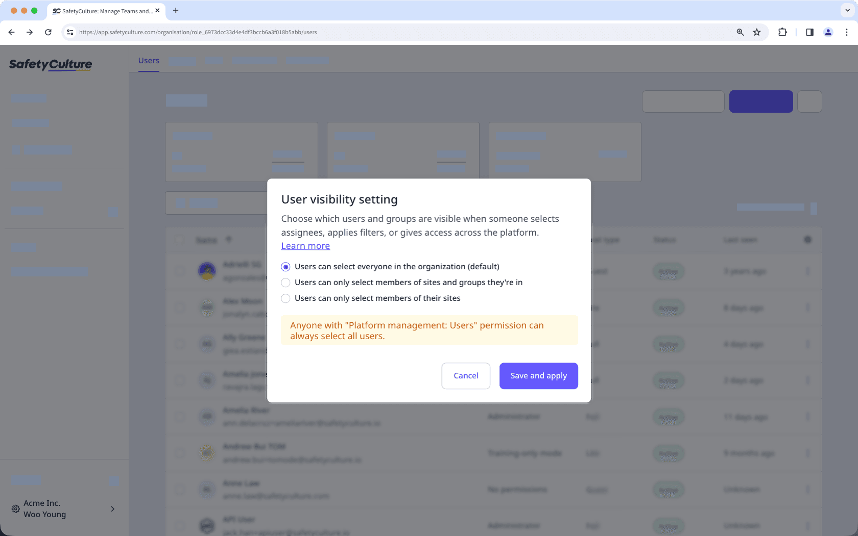 Configure the user visibility settings via the web app.