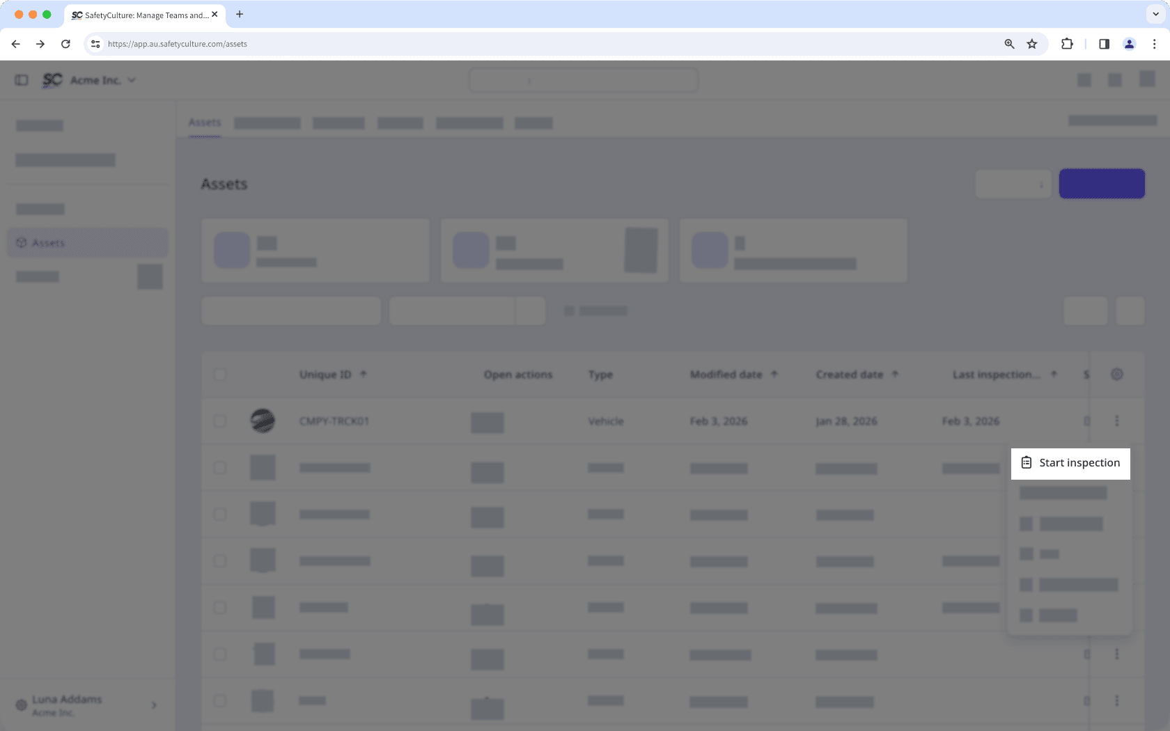 Cliquez sur Plus à droite de l'actif et sélectionnez Commencer l'inspection.
