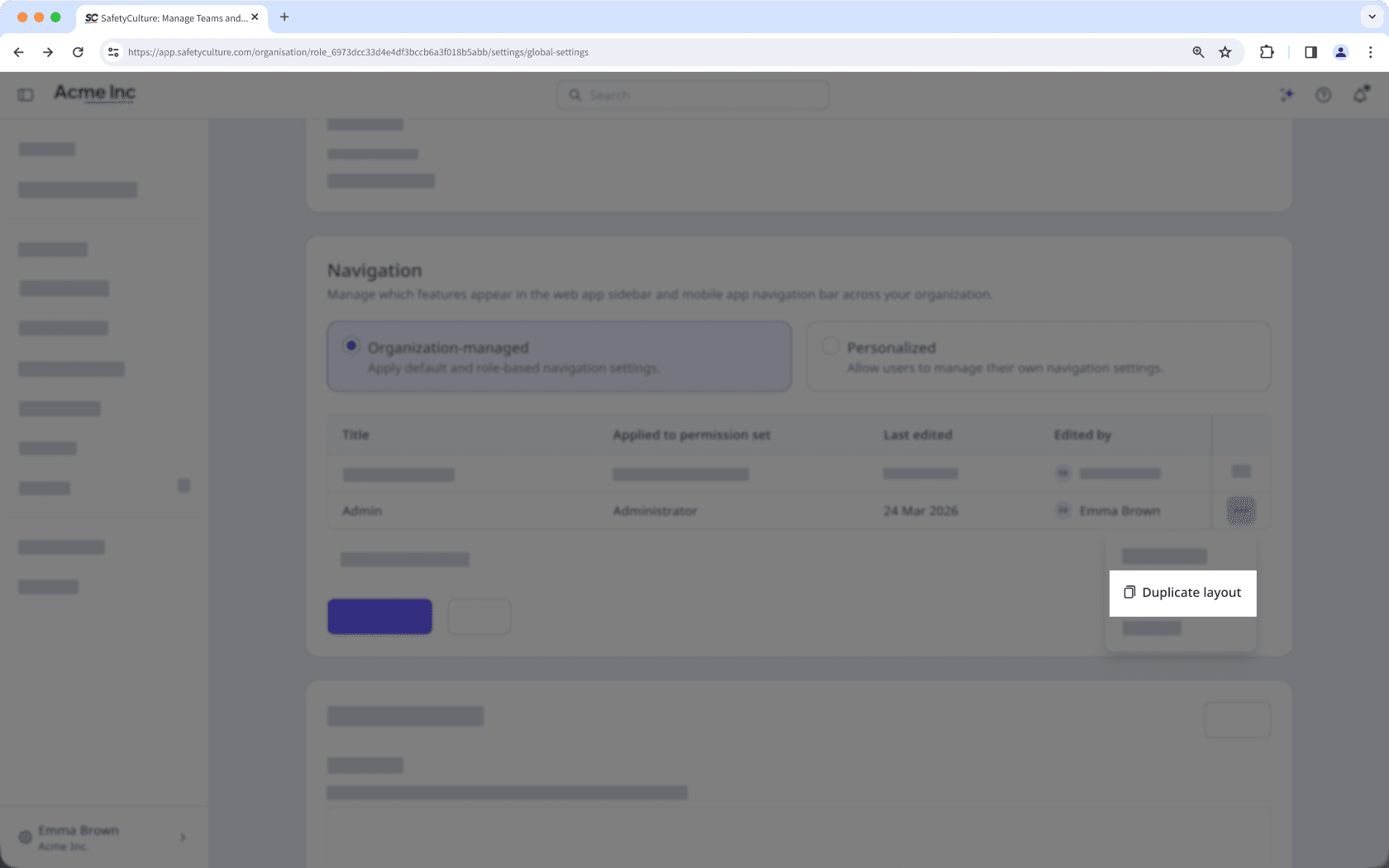 El botón "Duplicar" para un diseño en los ajustes de navegación.