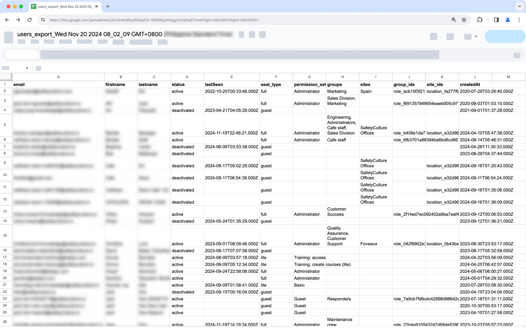 Beispiel für den CSV-Export der Nutzerliste einer Organisation in der Web-App.