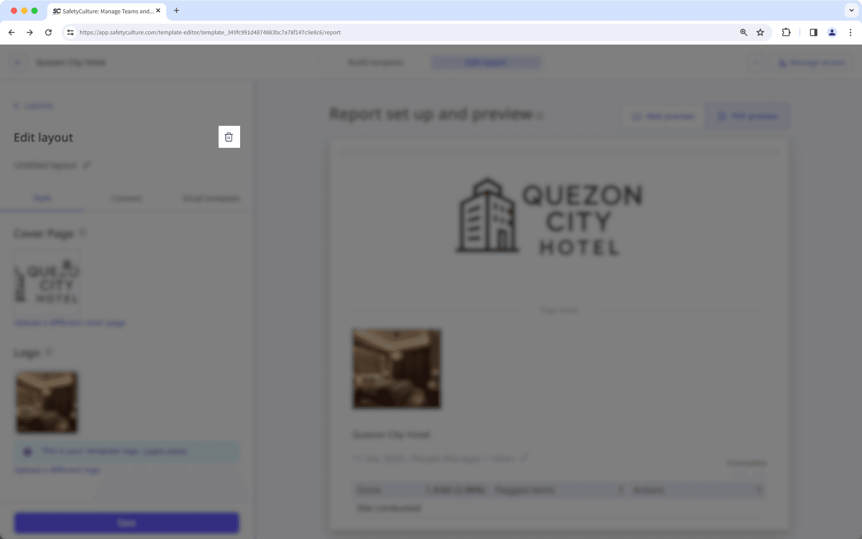 Delete a report layout via the web app.