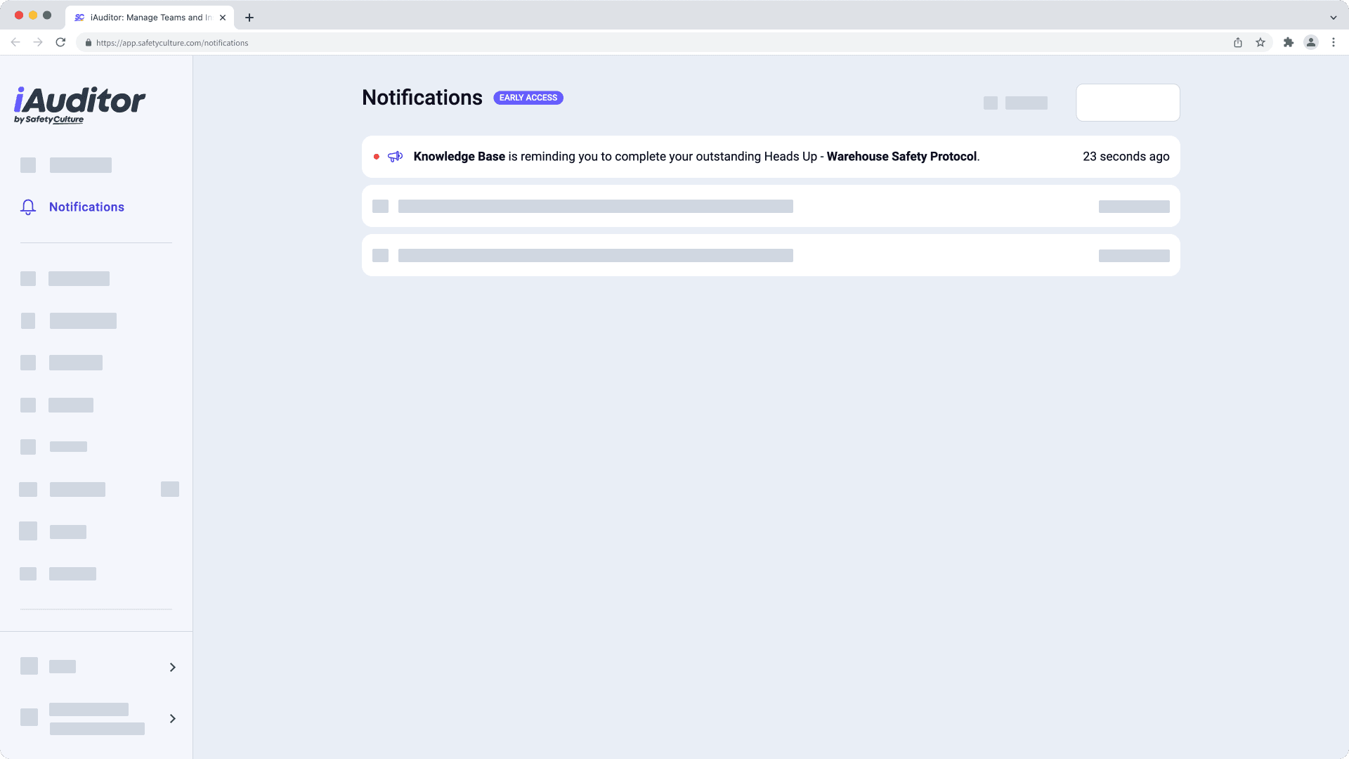 A Heads Up reminder notification shown in the web app. 