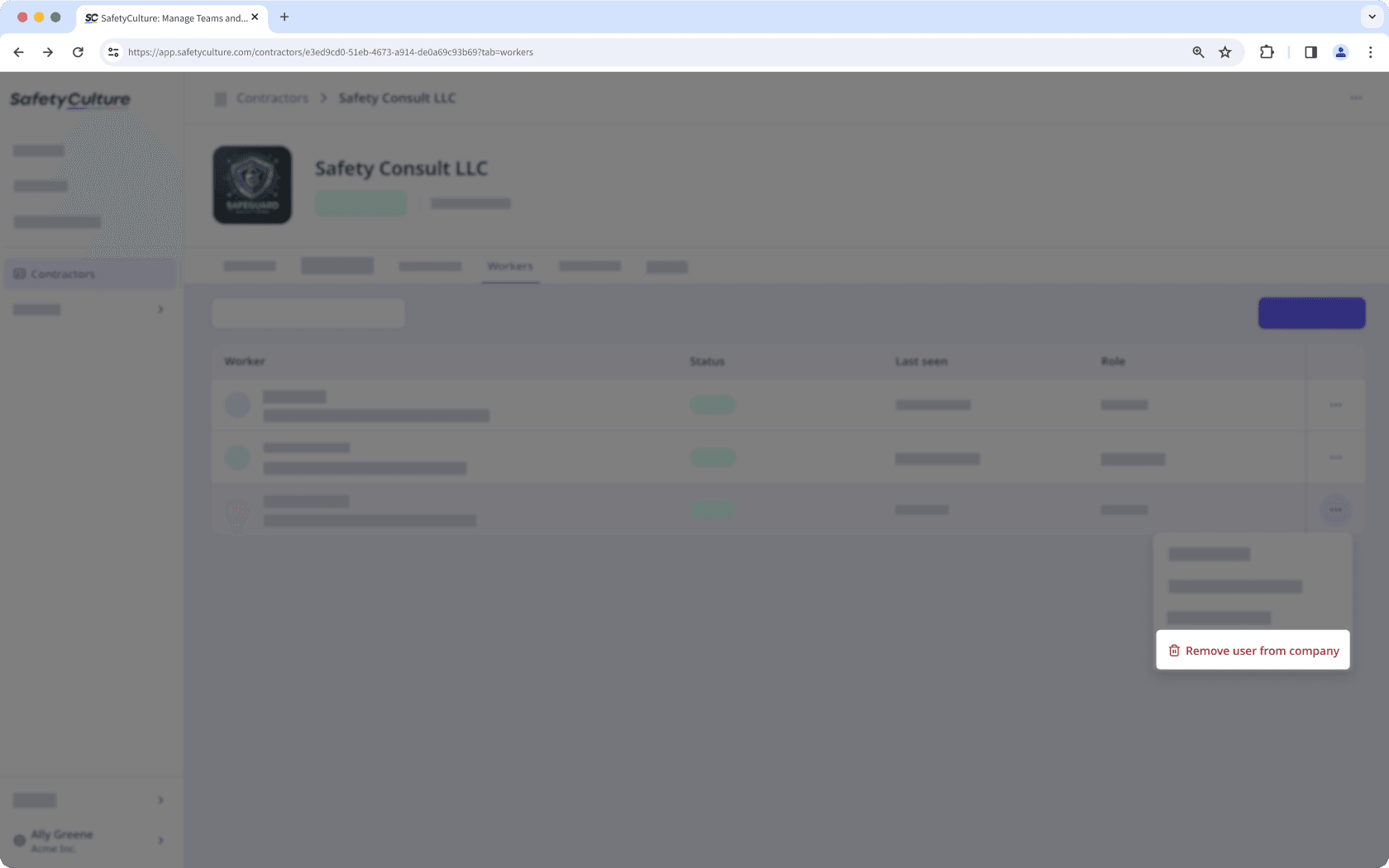 The Workers tab in the company profile with the "Remove user from company" button visible.