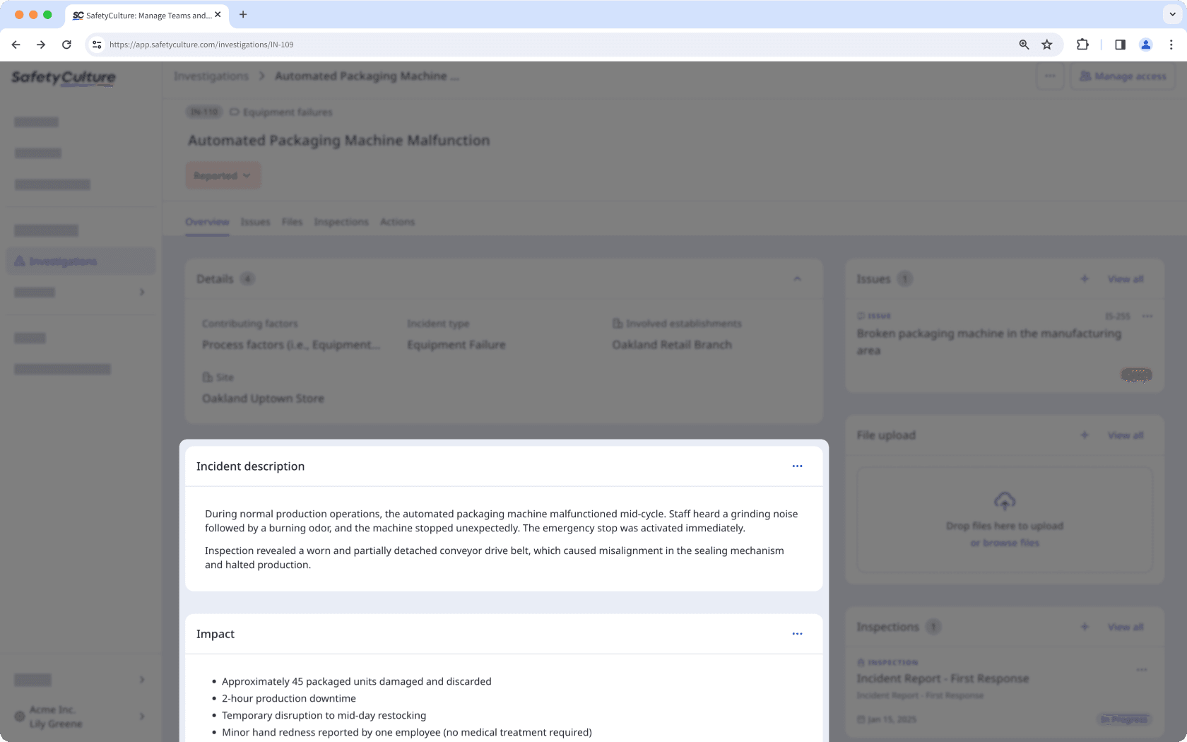 Profil de l'enquête affichant les sections personnalisées de description et d'impact de l'incident.
