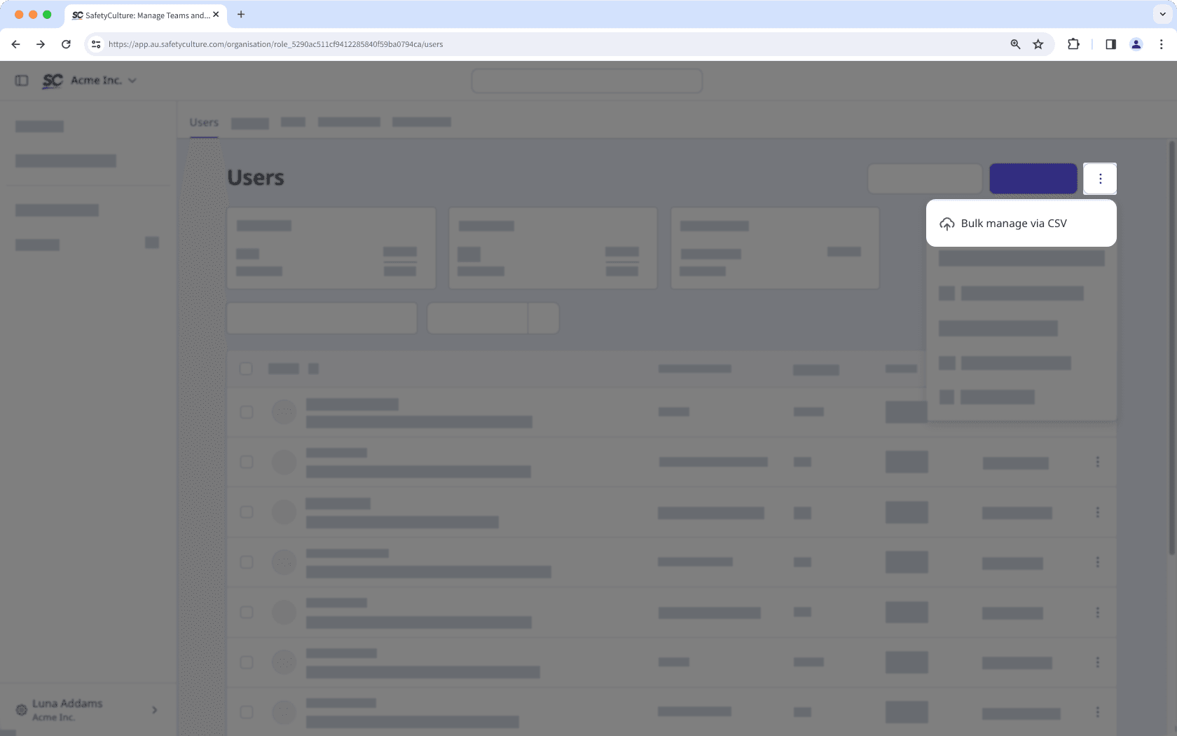 Click the three-dot menu on the upper-right corner of the page. Select "Bulk manage via CSV".