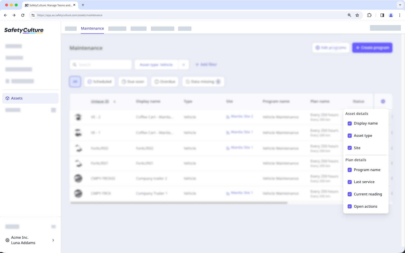 View more asset details in the maintenance table via the web app.