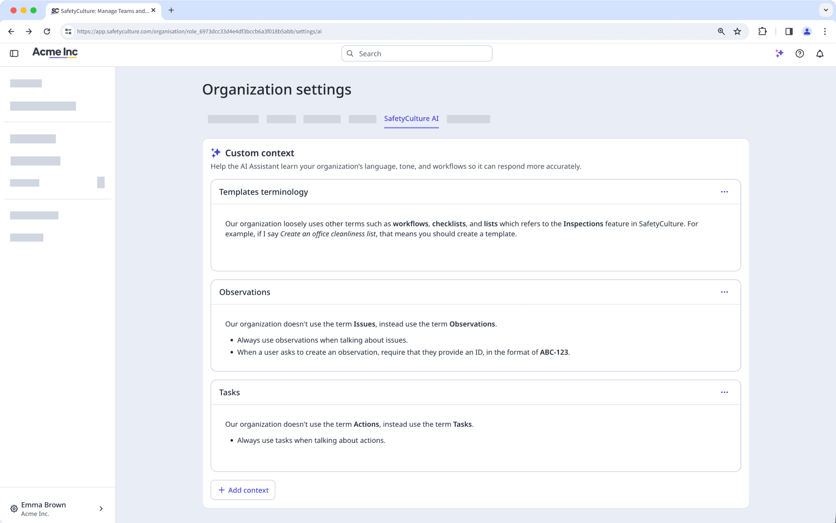The SafetyCulture AI tab in Organization settings showing the Custom context section.