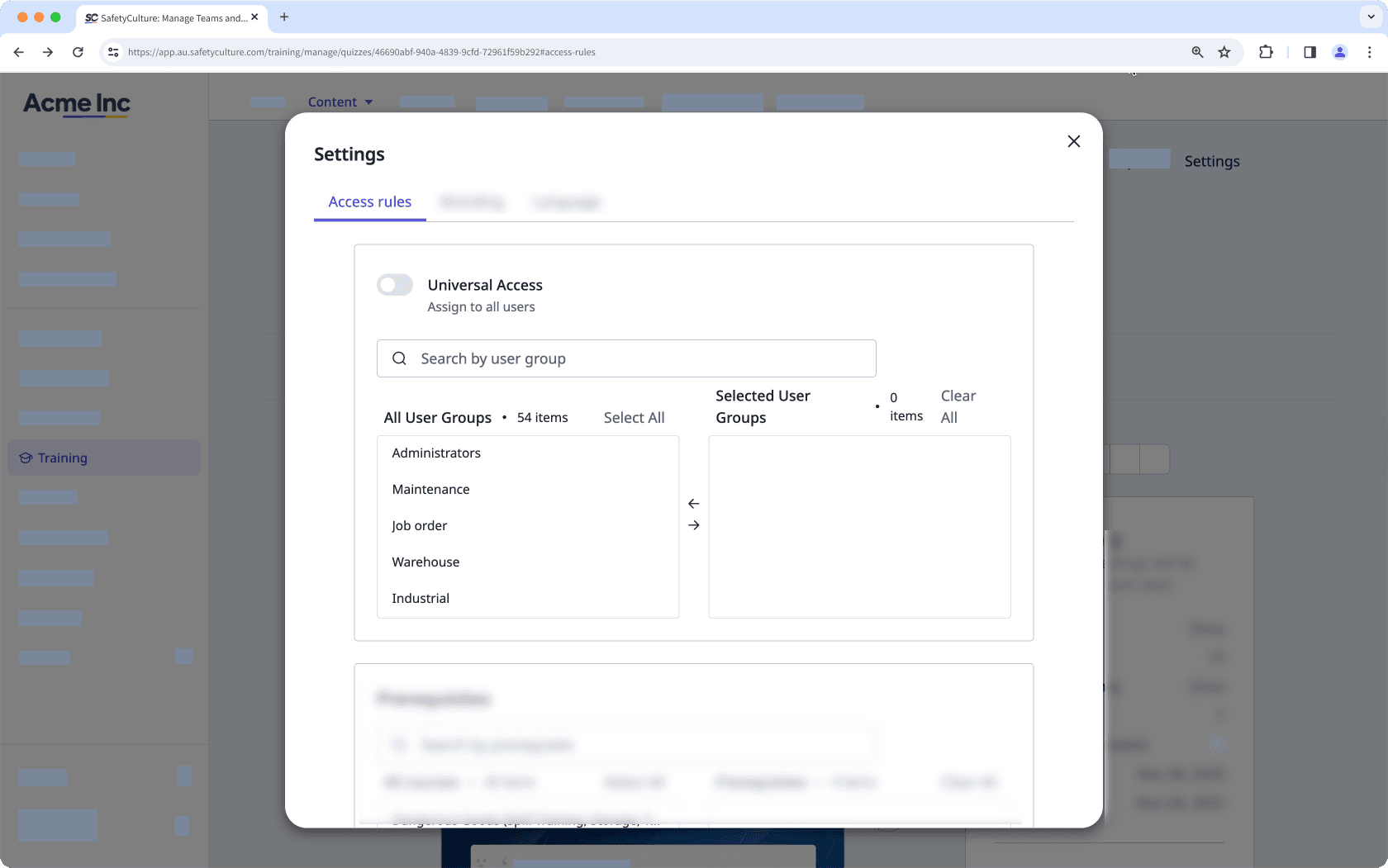 Quiz-Zugriffsregeln in der Web-App.