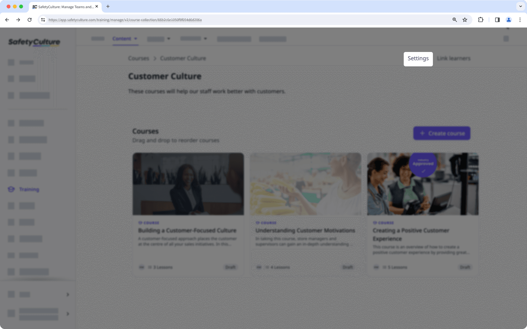 Navigate to settings from the course collection page