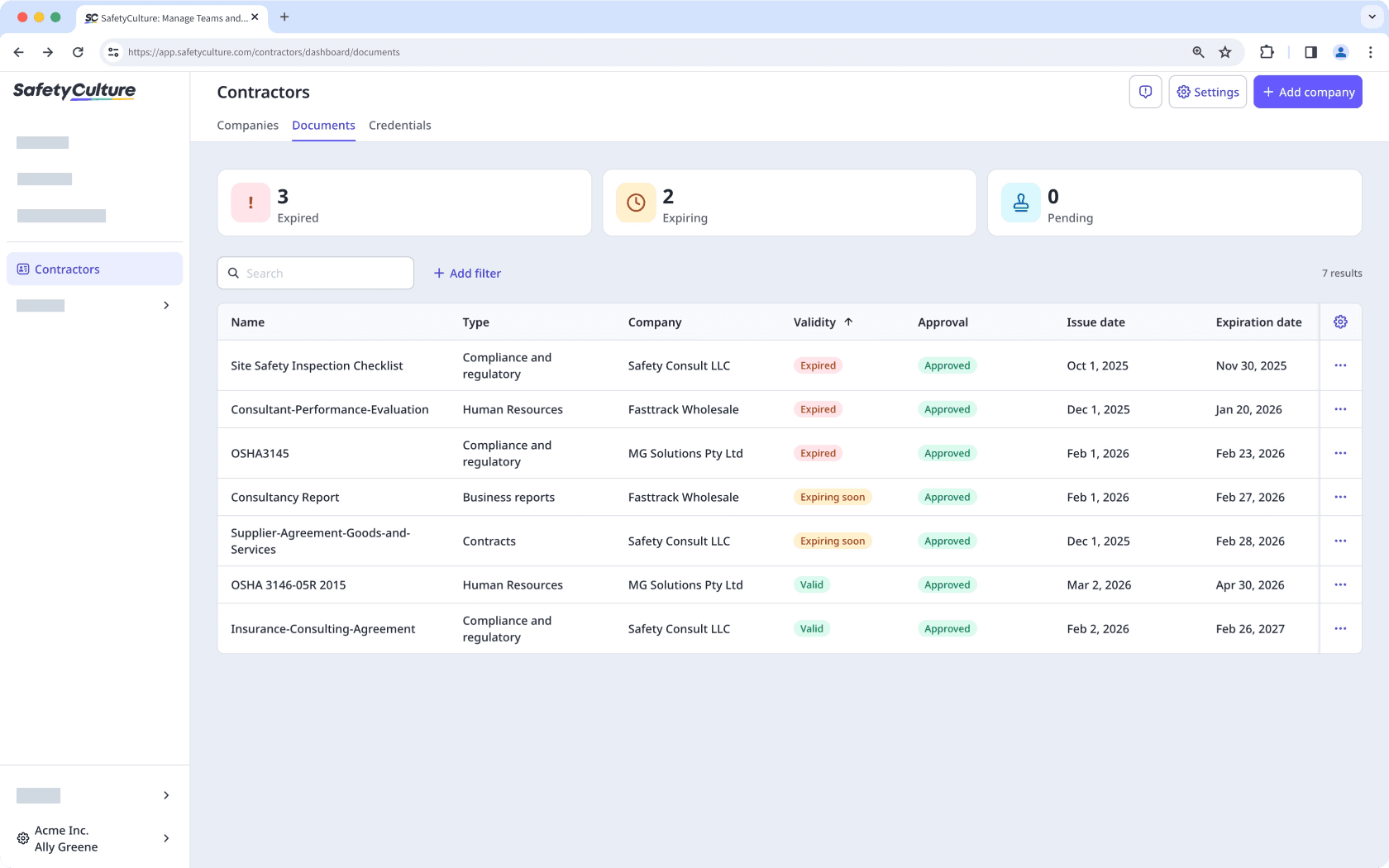 The Contractors dashboard showing the Documents tab and lists all company documents.