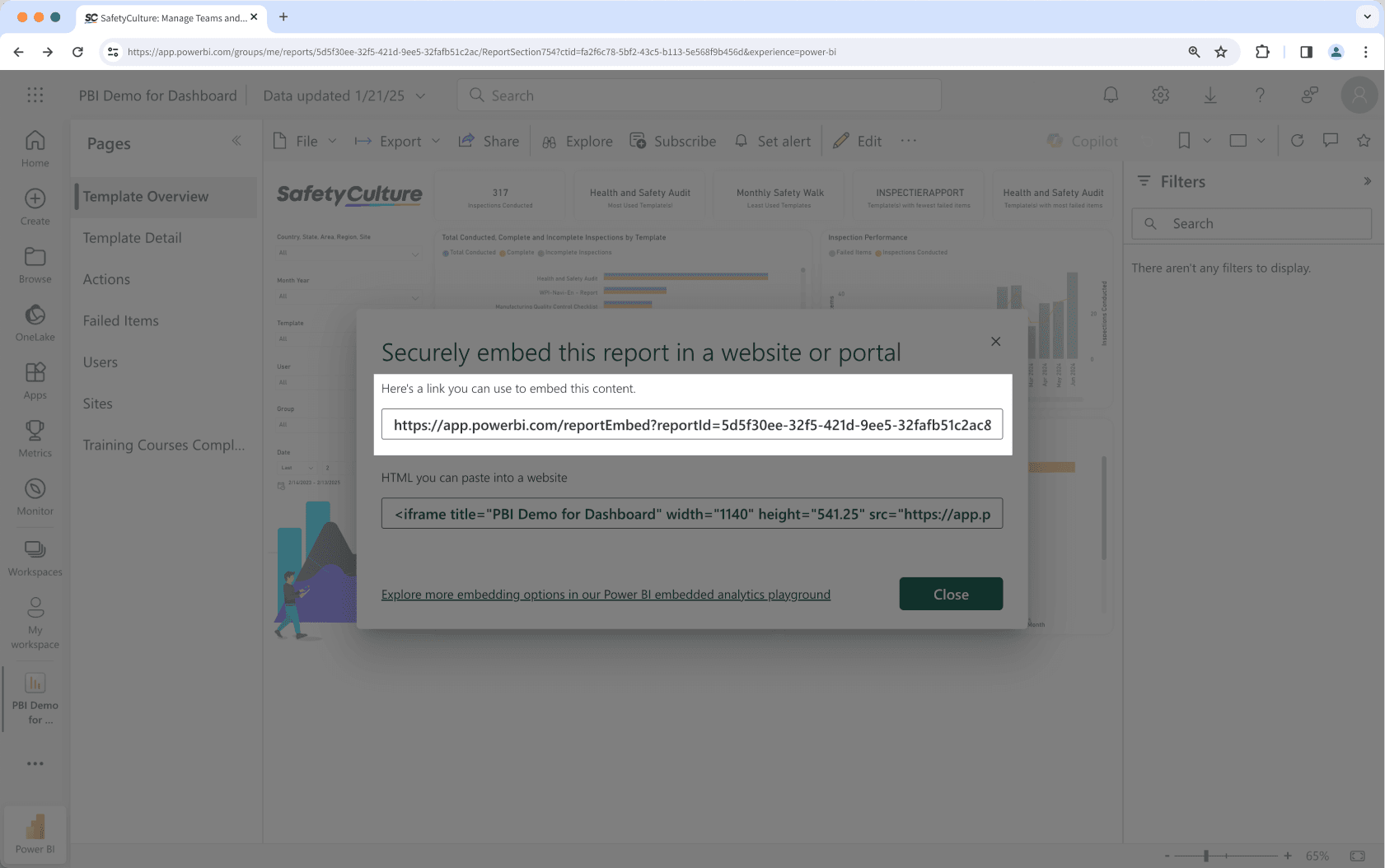 Copie el código HTML embebido privado en Microsoft Power BI.