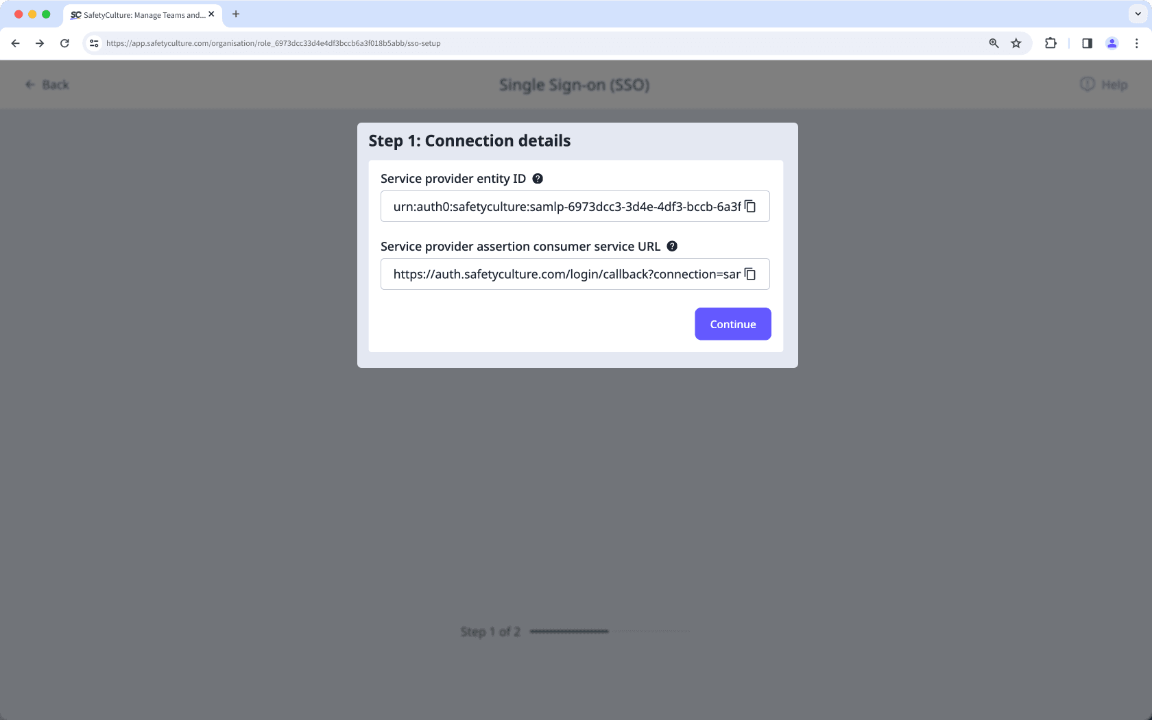 An example of a SAML single sign-on setup on the web app.