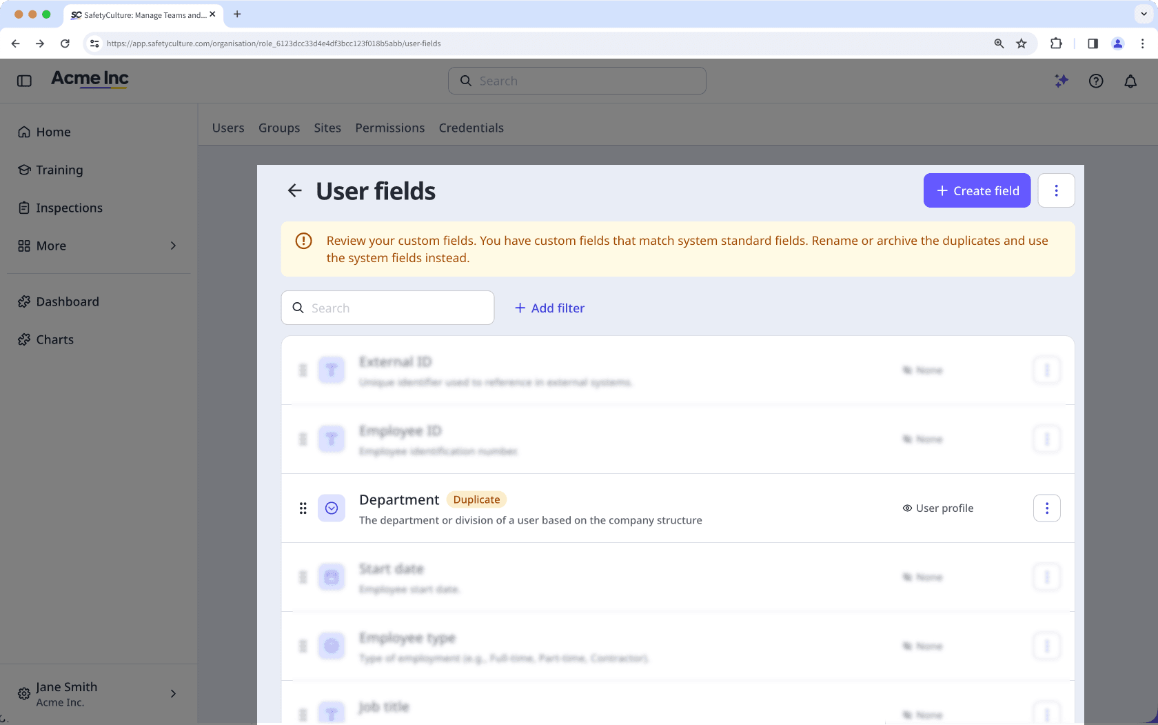 View a duplicate user field from the user field list in your organization via the web app.