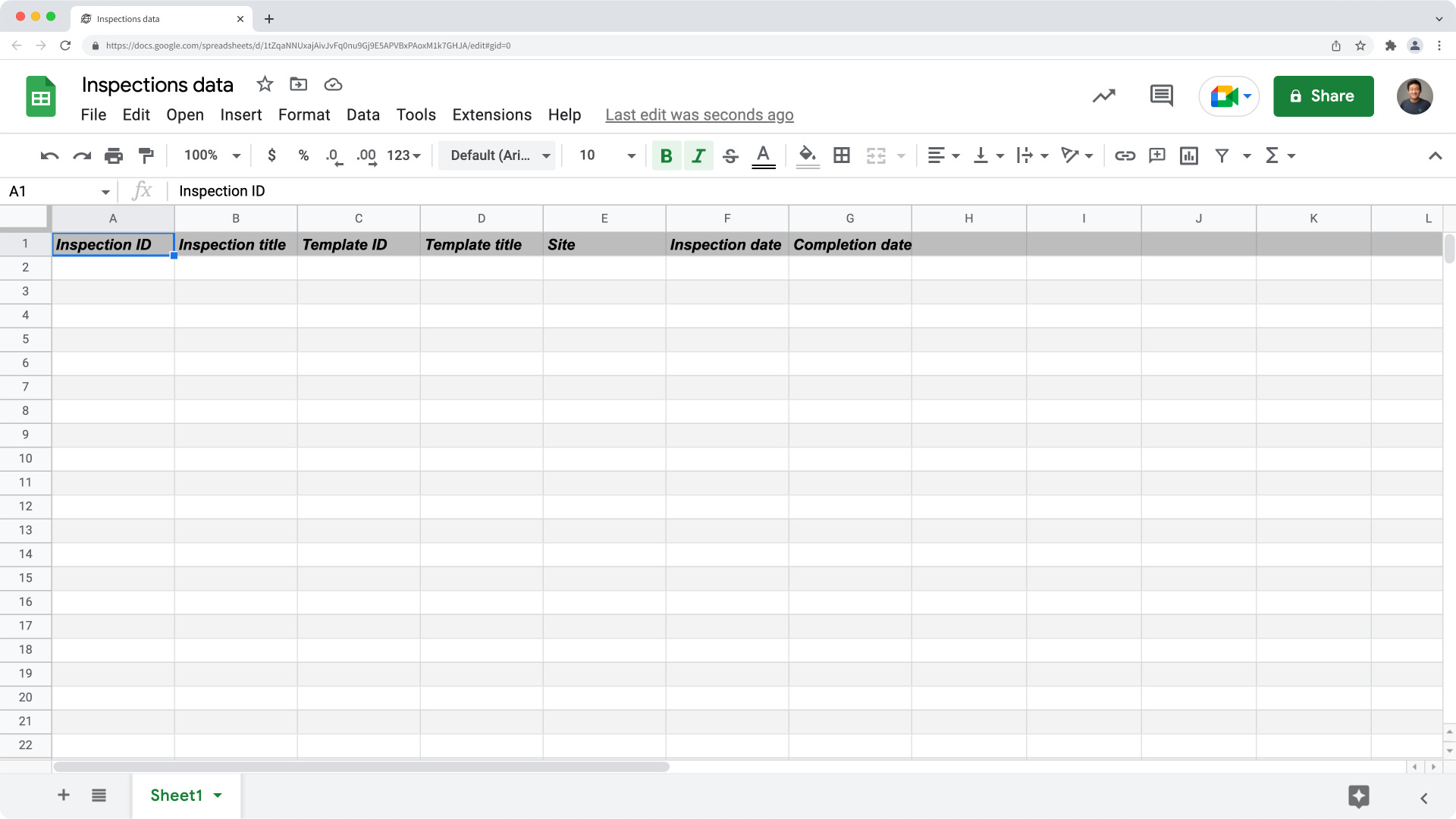 An example of Google Sheets Inspections data for Zapier integration.