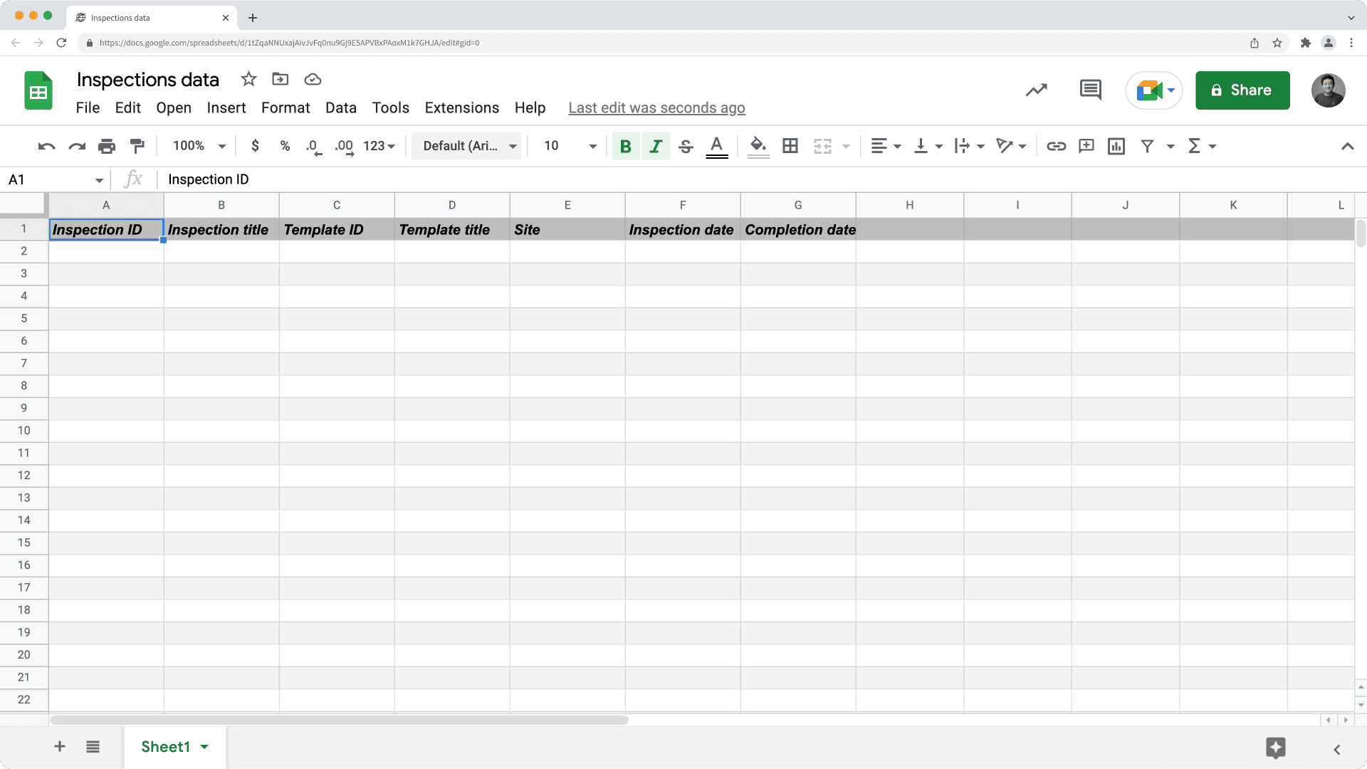 Un ejemplo de datos de Inspecciones de Hojas de cálculo de Google Sheets para la integración de Zapier.