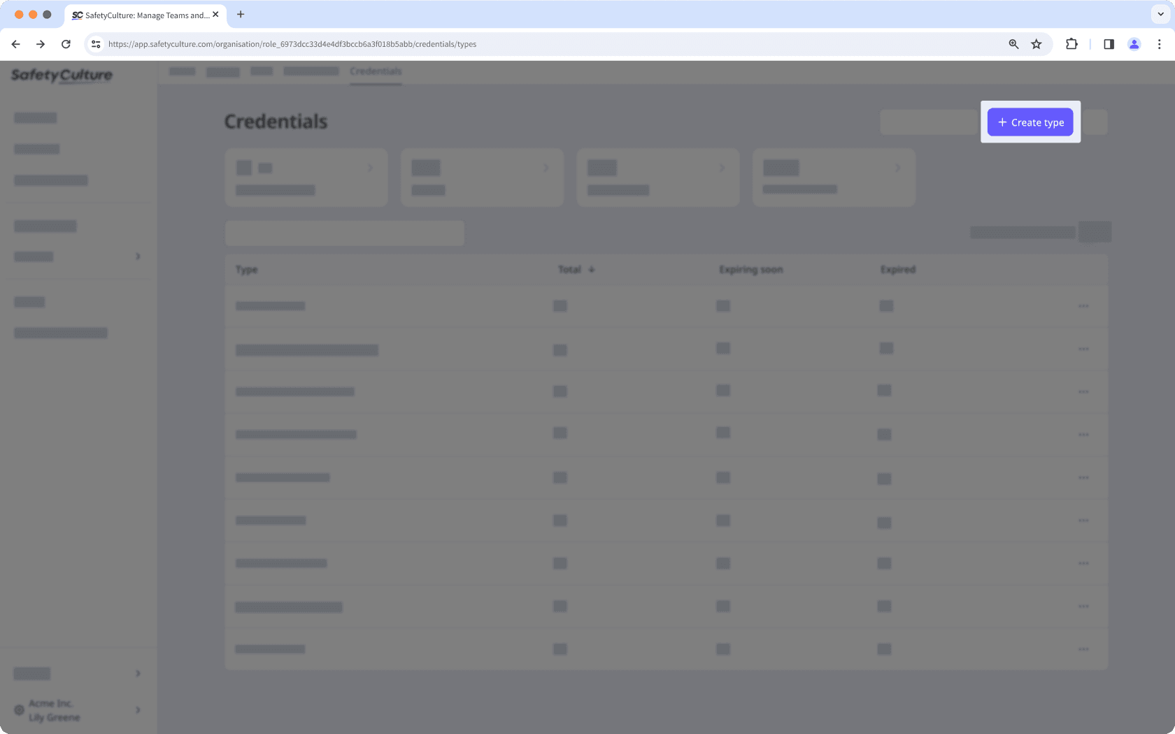 Page des habilitations affichant le bouton « Créer un type ».