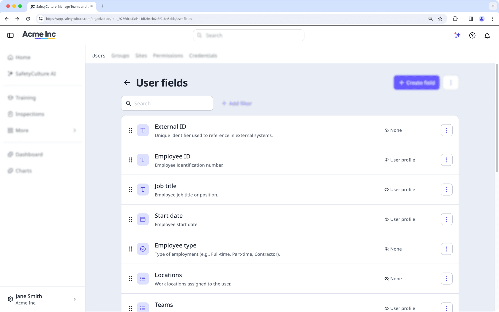 View system fields from the user fields list.
