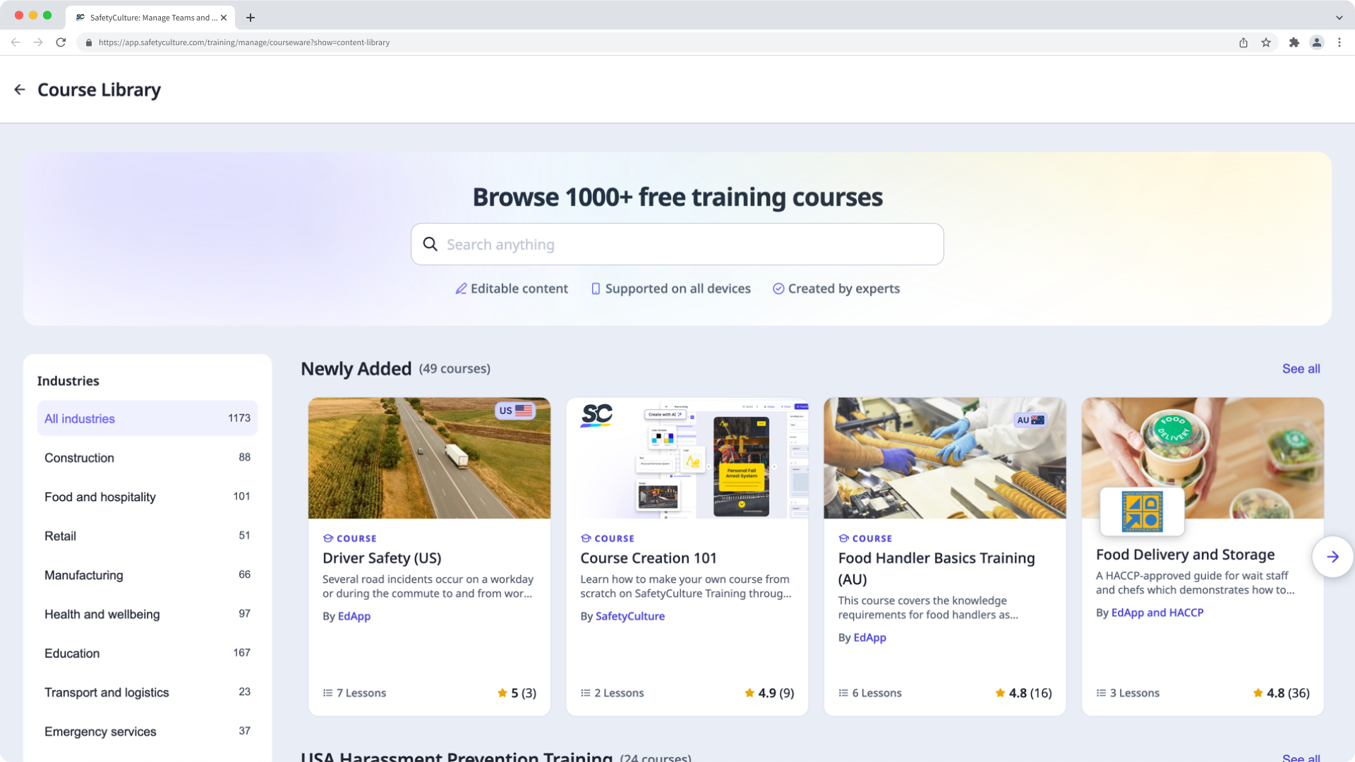 A view of the Course Library in the Training feature on the SafetyCulture web app.