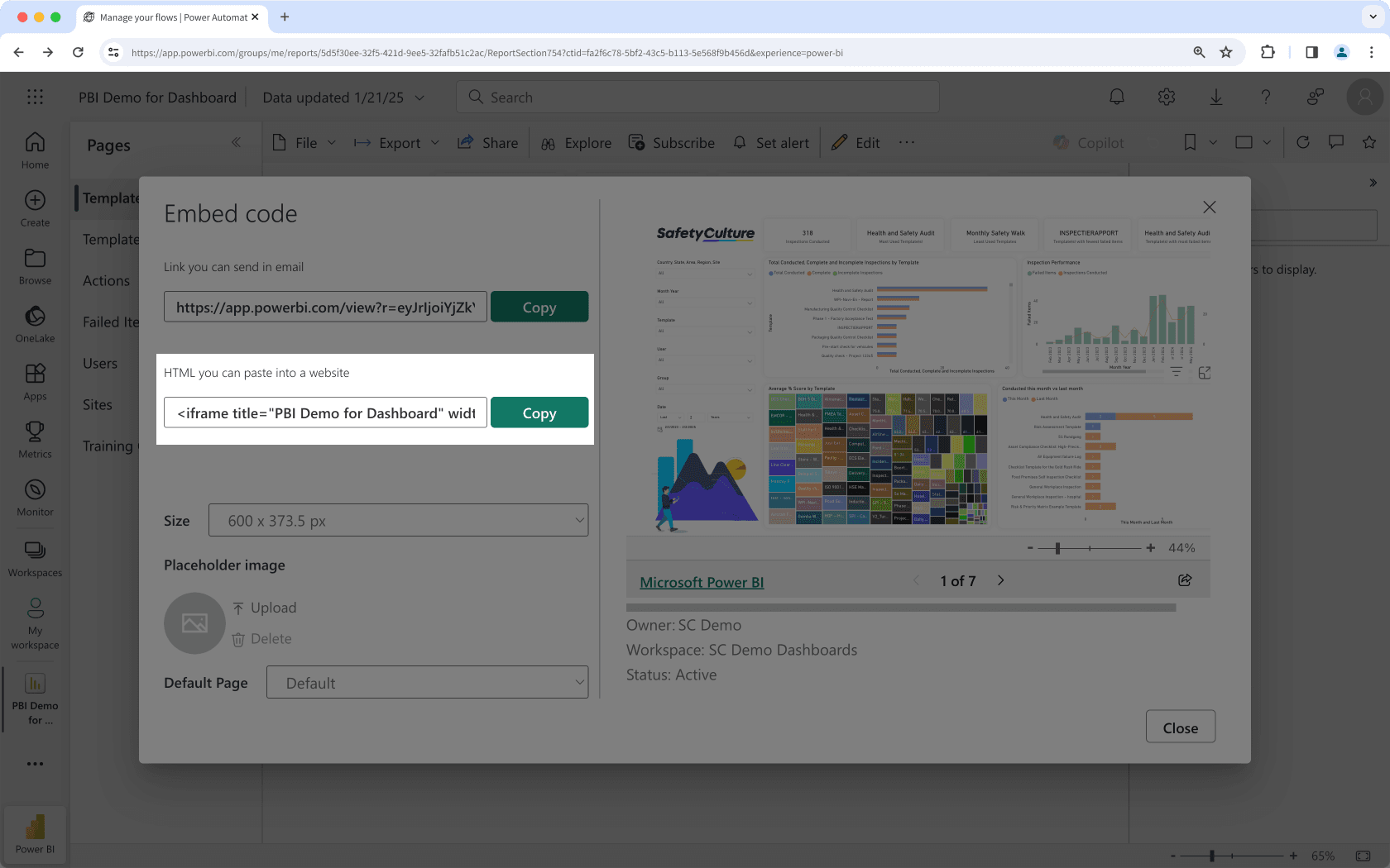 Copie el código HTML embebido público en Microsoft Power BI.