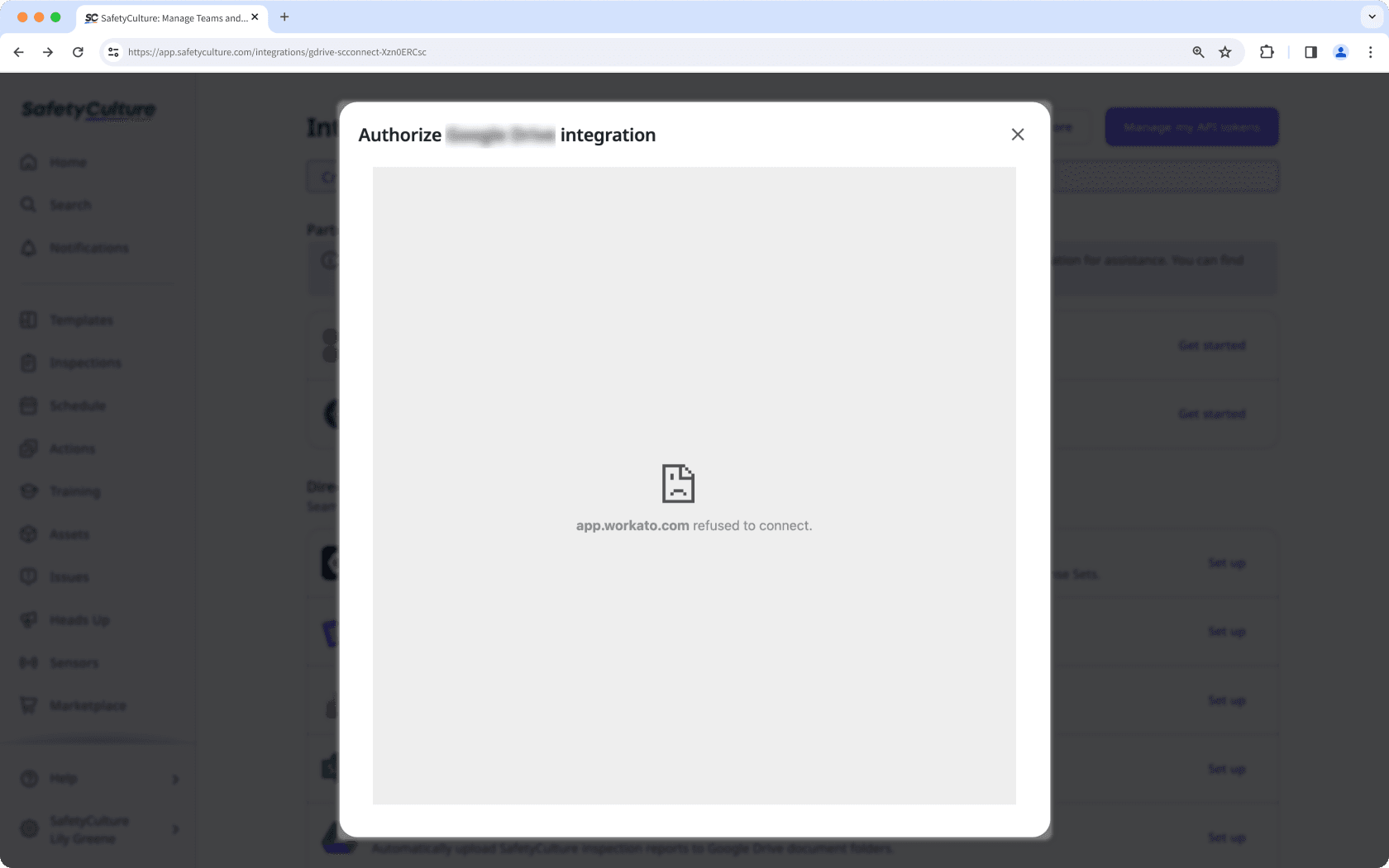 Exemple d'erreur de connexion lors de l'installation d'une intégration à partir de l'application Web.