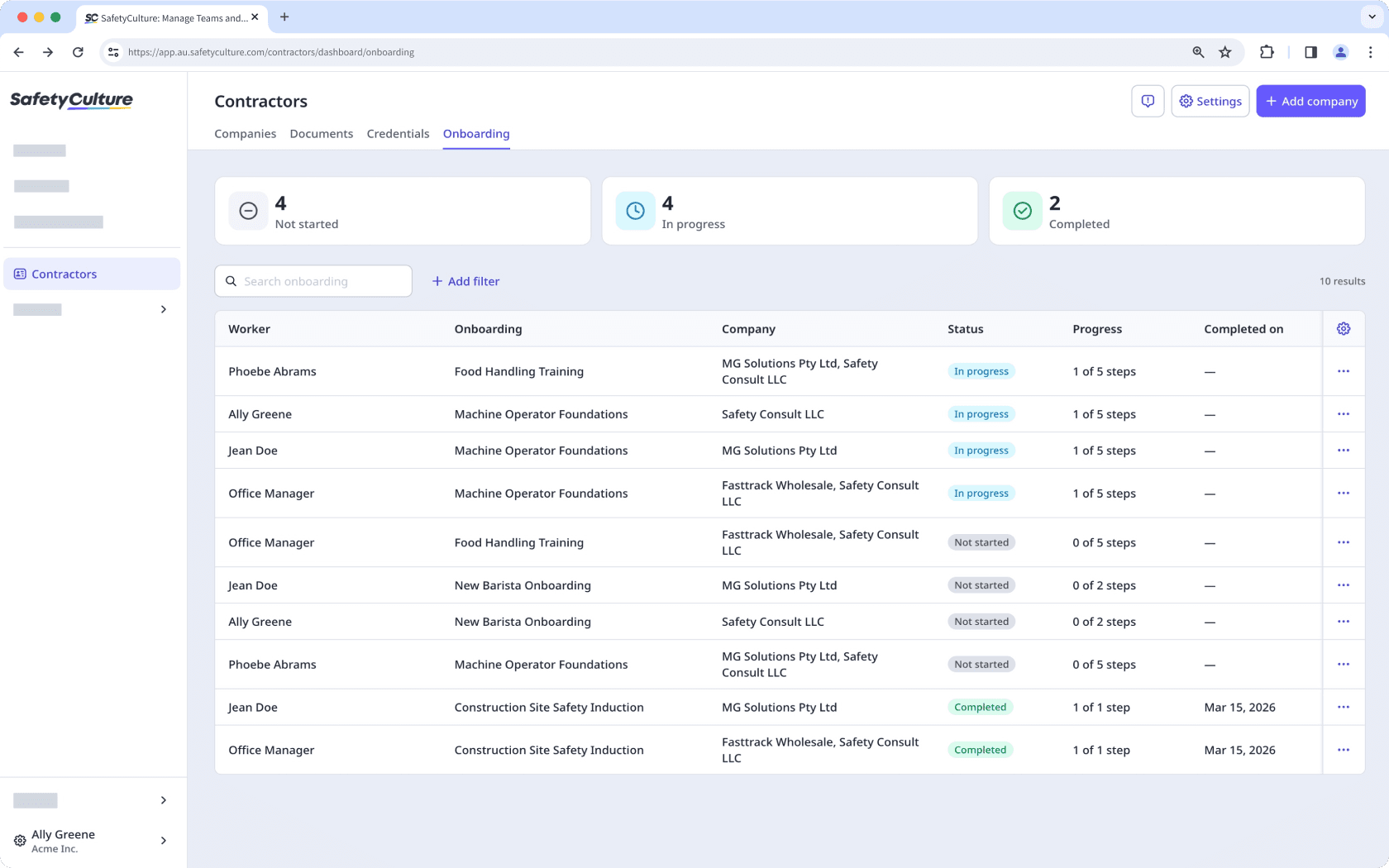 The Contractors dashboard showing the Credentials tab and list of all credentials.