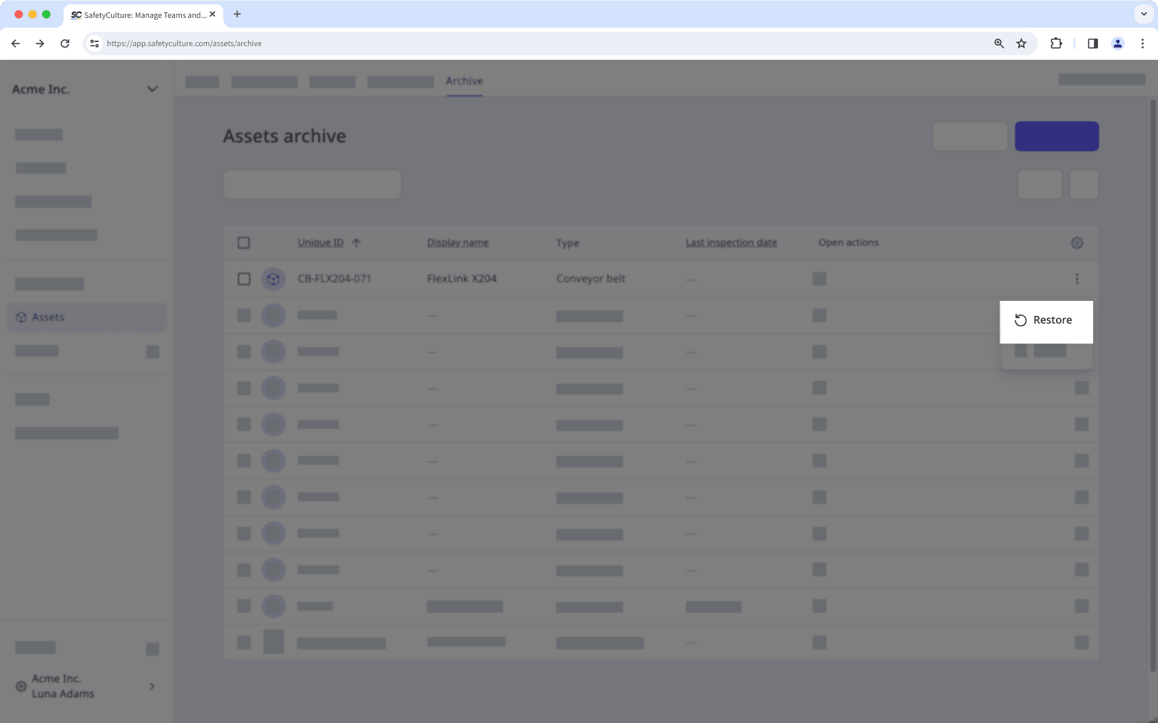 Restore an archived asset via the web app.