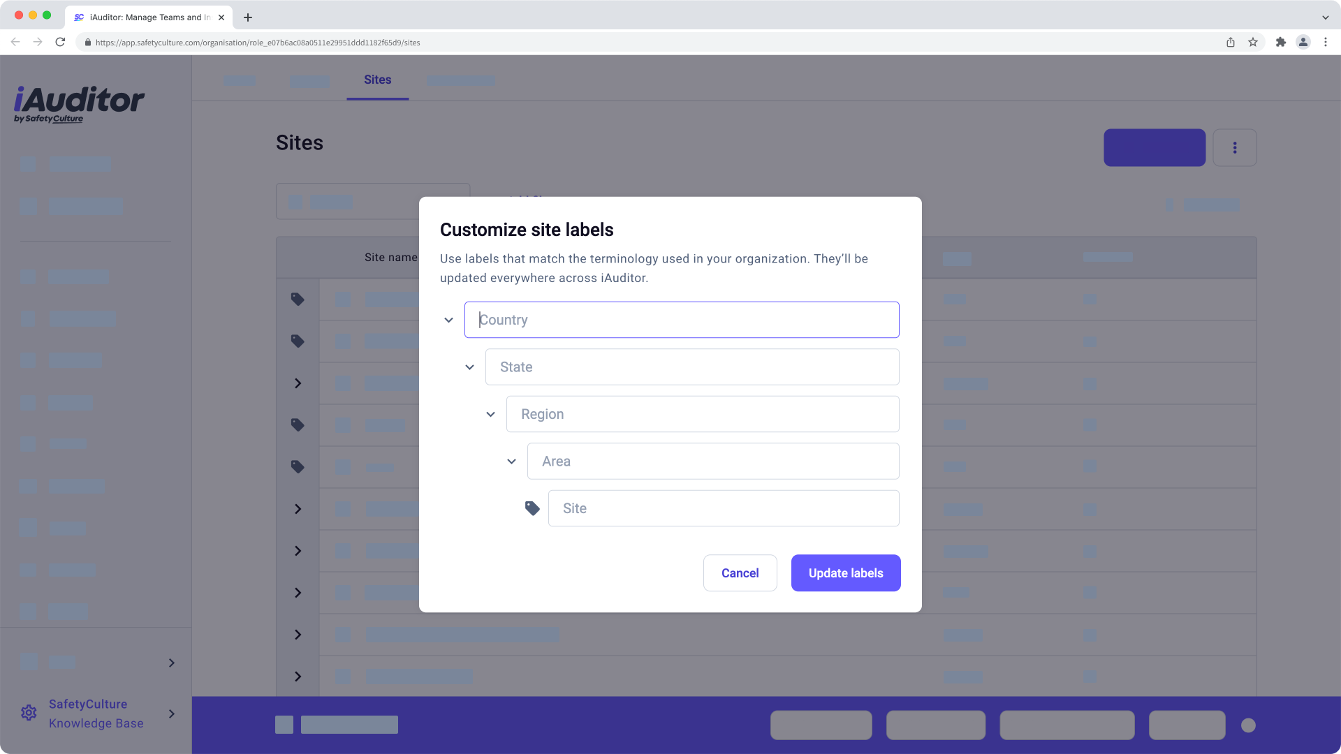 Customize your organization's site labels via the web app.