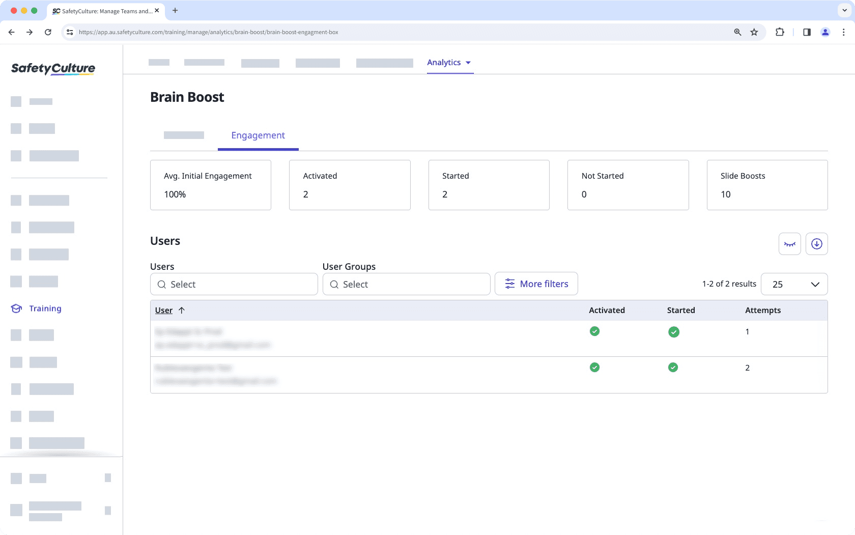 Den Tab "Engagement" in den Brain Boost-Analysen über die Web-App anzeigen.