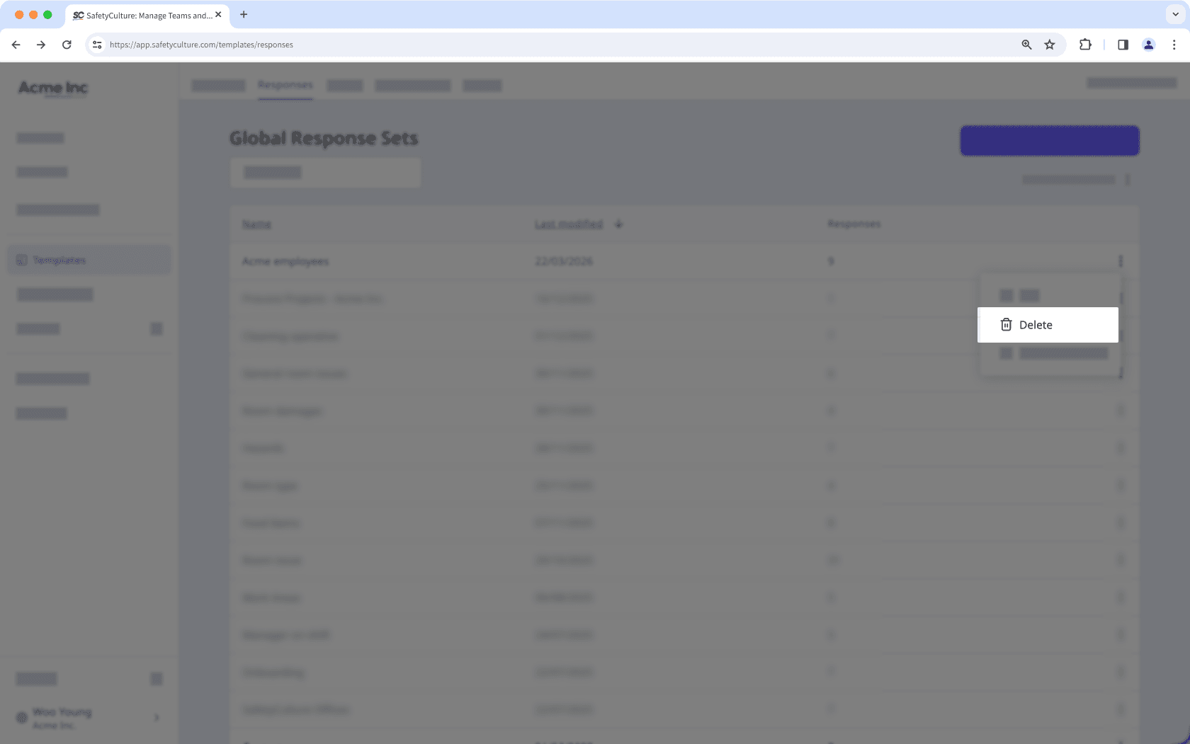 The Global Response Sets page with options to manage a response set open.