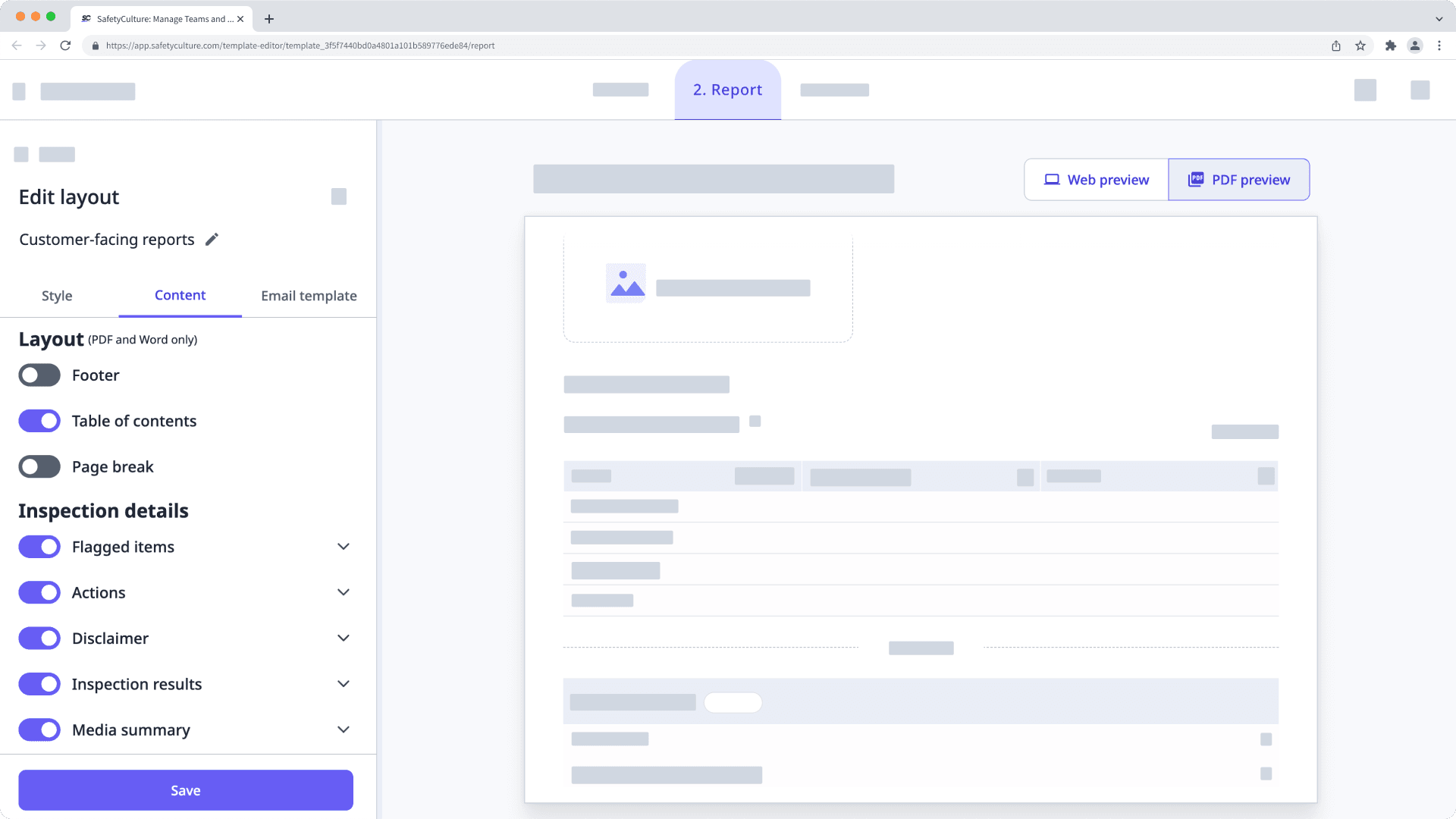 Edit an existing report layout in the template editor via the web app.