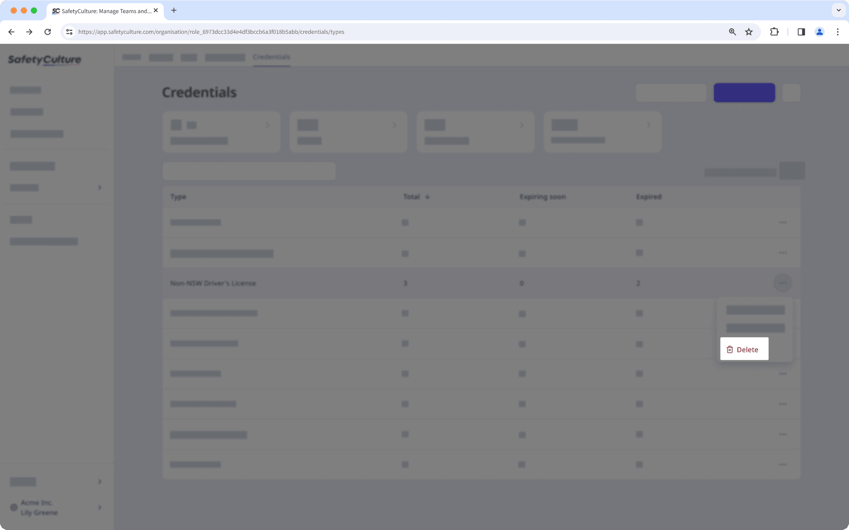 La page du type d'habilitation avec l'option permettant de supprimer un type visible.