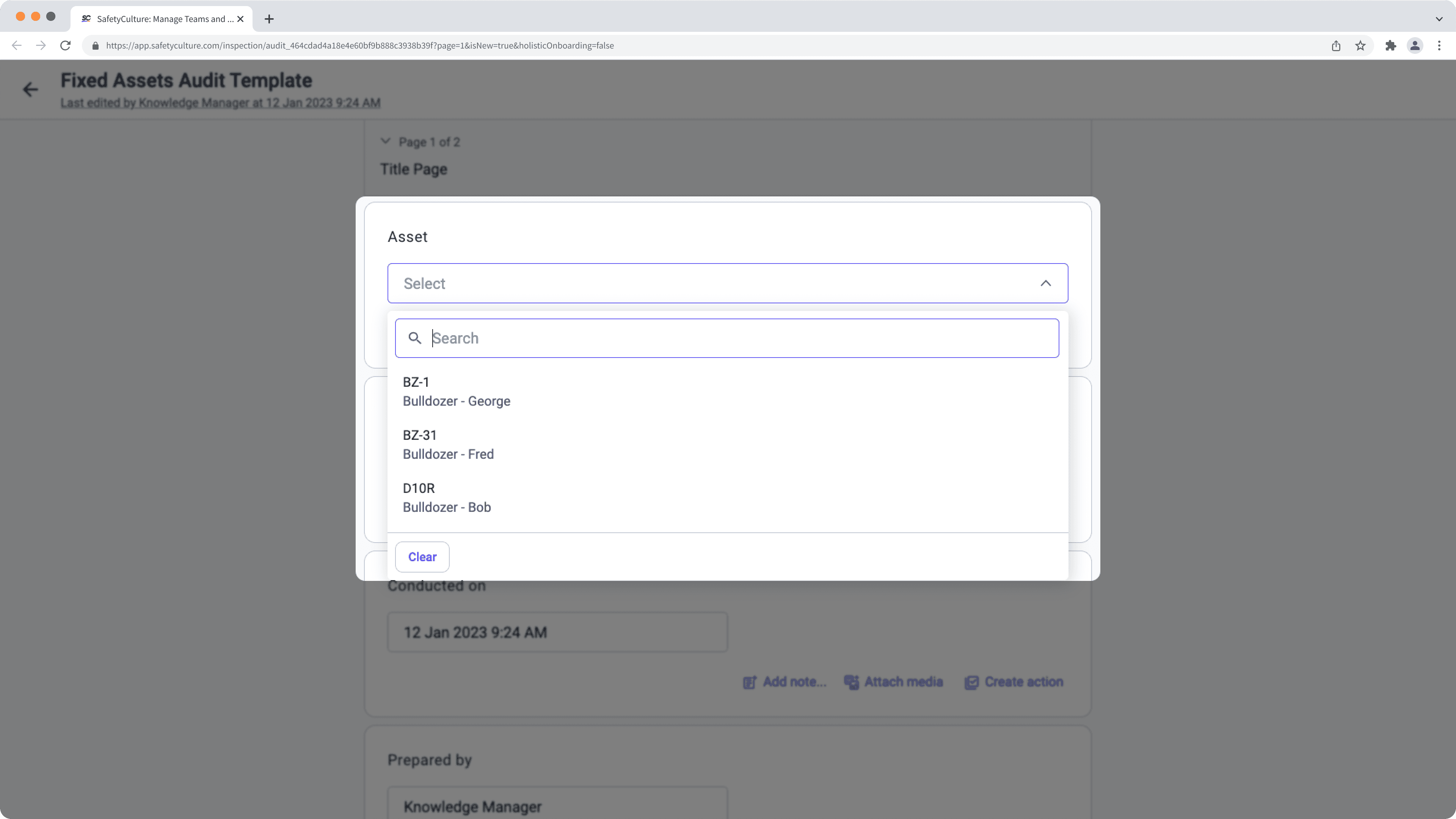 An asset question's dropdown menu showing specific assets on the web app.