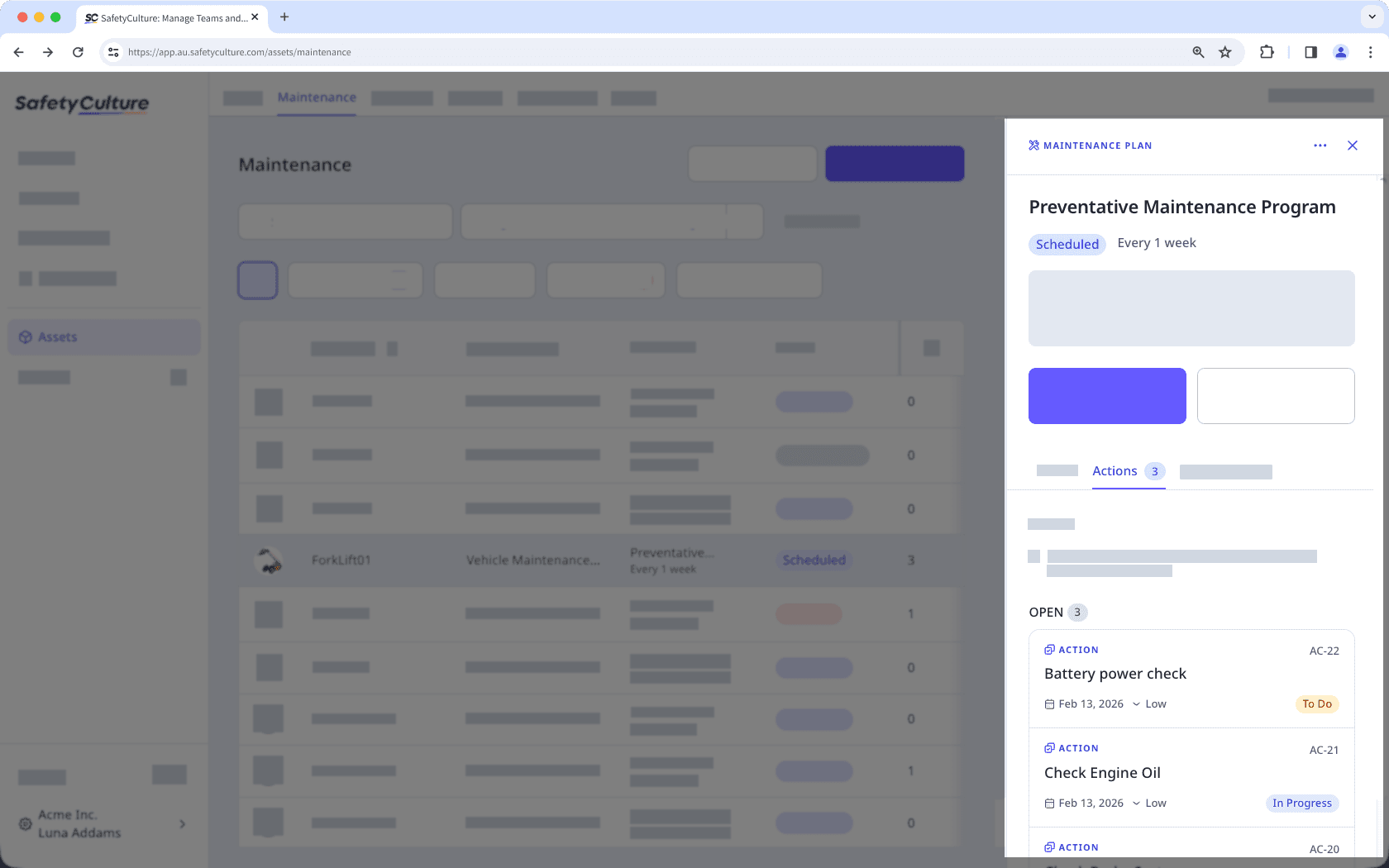 Vea una acción en un plan de mantenimiento a través de la aplicación web.