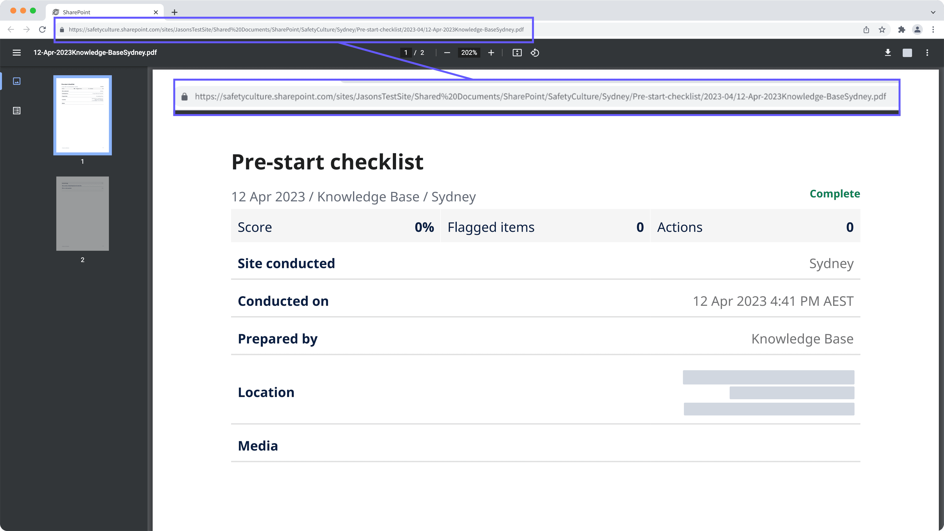 Exemple de chemin d'accès à un fichier SharePoint.