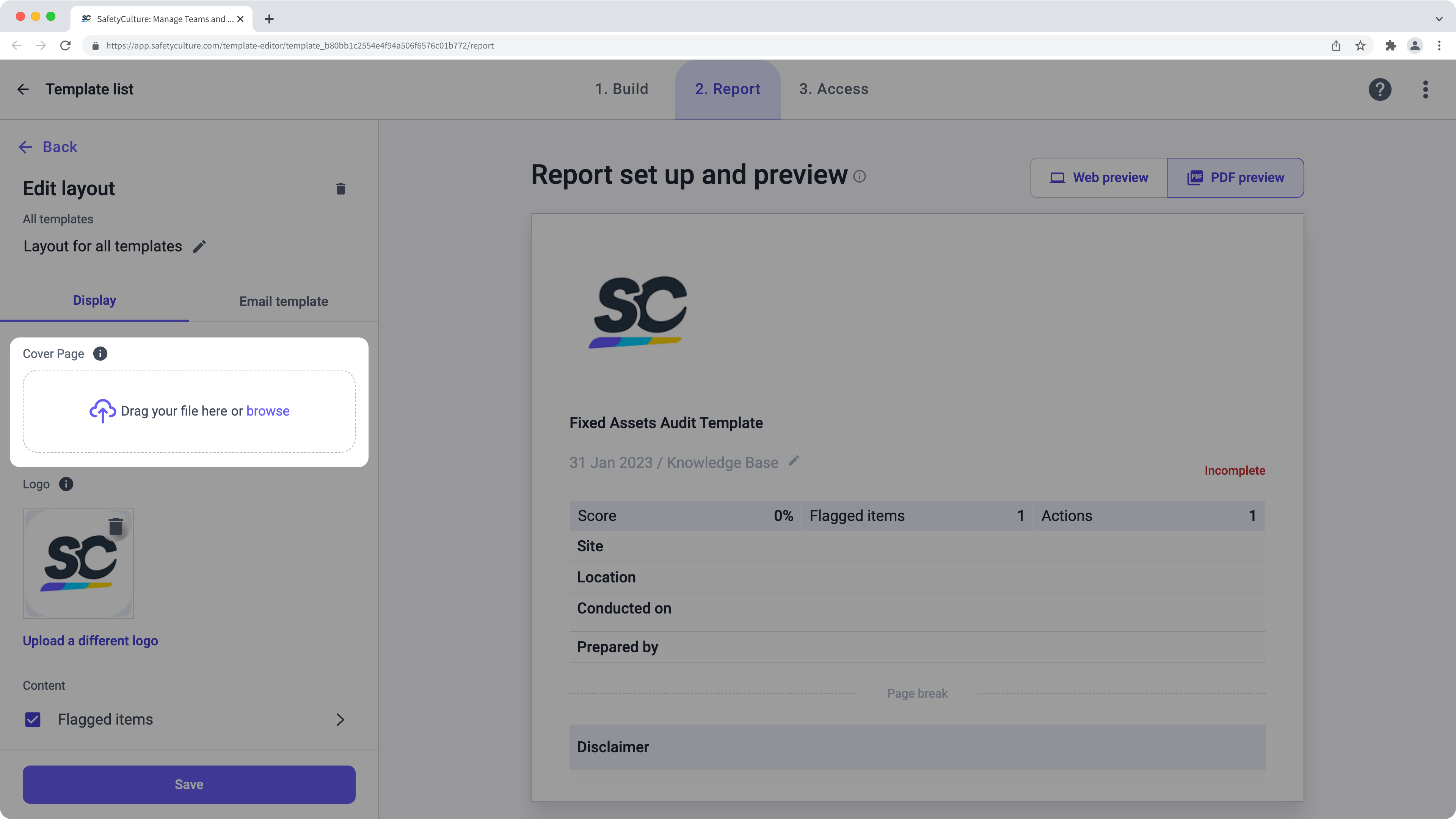 Add an inspection report cover page via the web app.