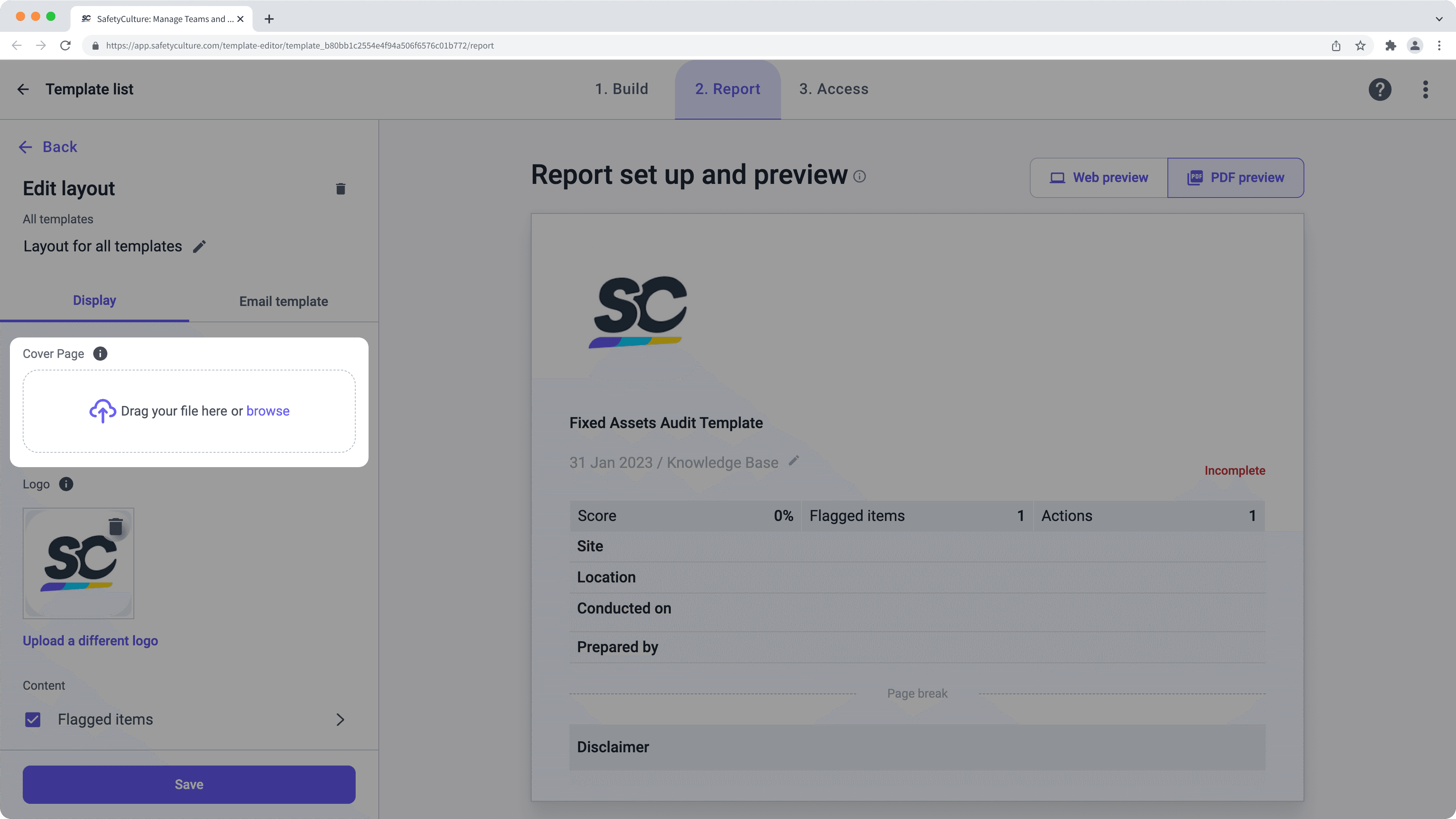 Add an inspection report cover page via the web app.