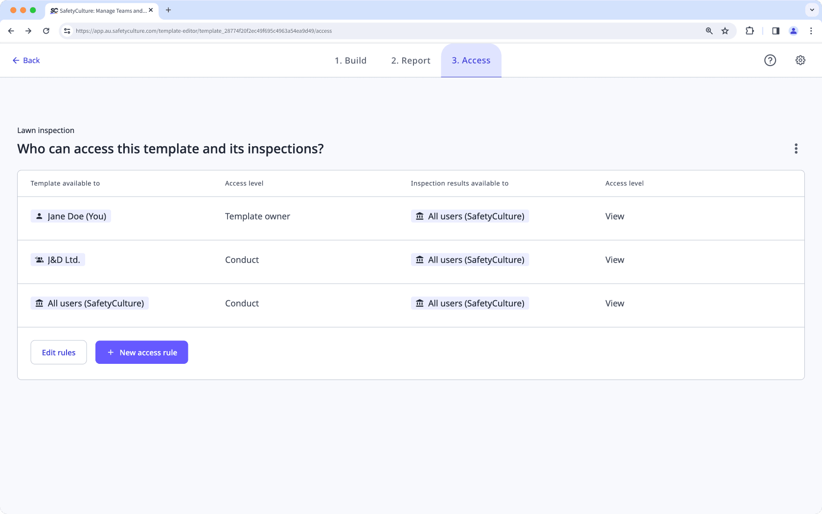 Ejemplo de regla de acceso de una plantilla con acceso externo configurado.