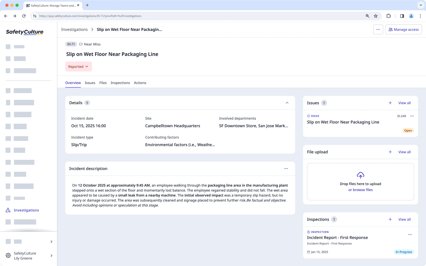View categories and detail fields in an investigation via the web app.