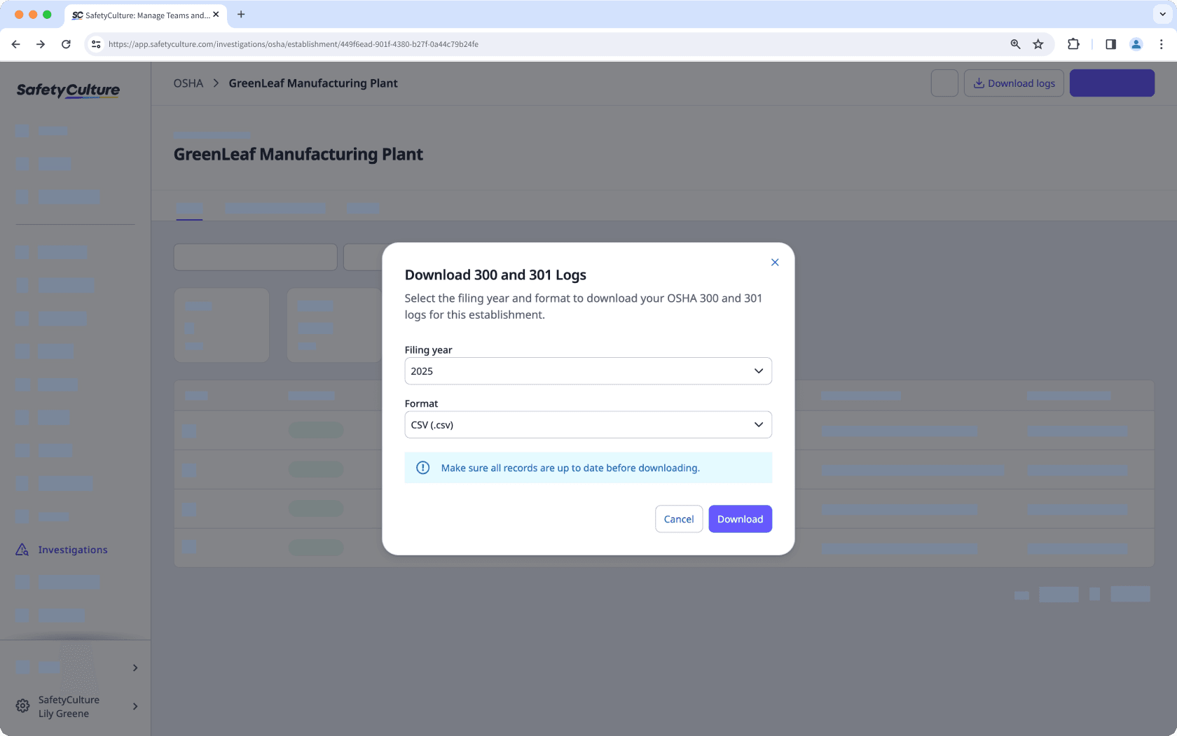 Descargue los registros 300 y 301 en formato CSV desde la aplicación web.