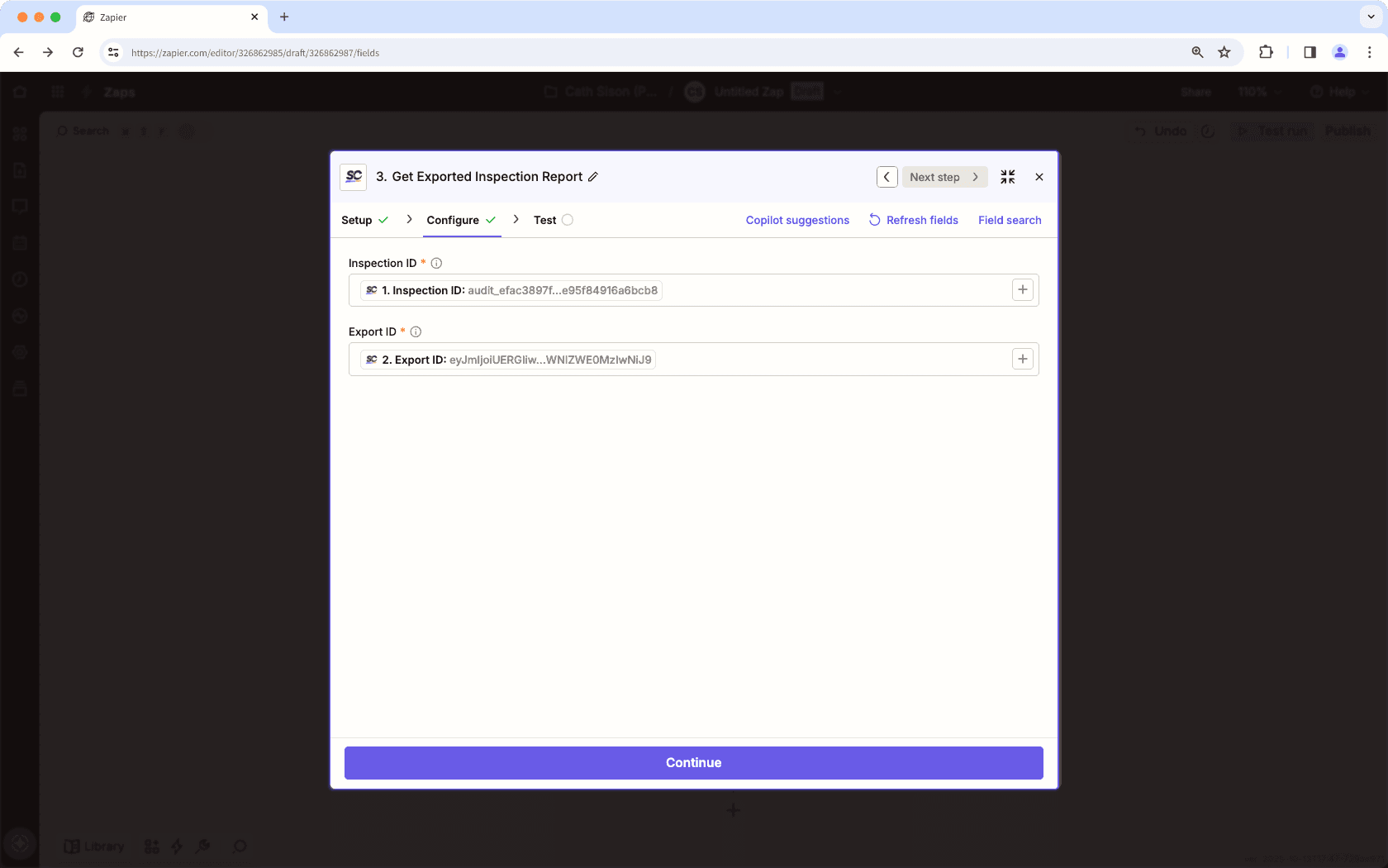 Exemple de configuration pour obtenir le rapport d'inspection exporté dans l'étape SafetyCulture dans Zapier.