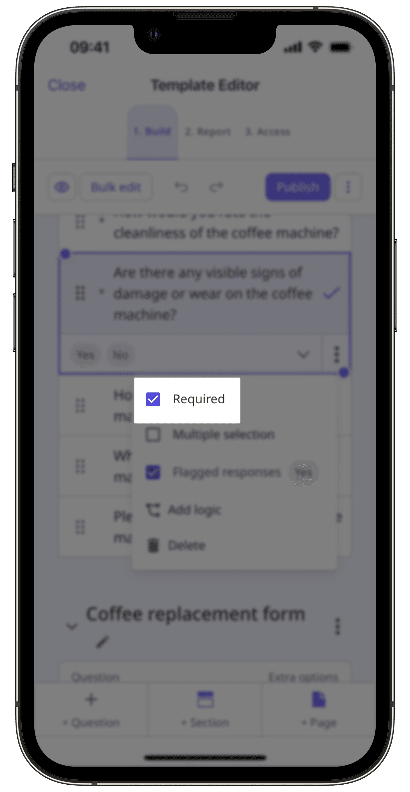 Mark/un-mark a question as required in the Template Editor via the mobile app.